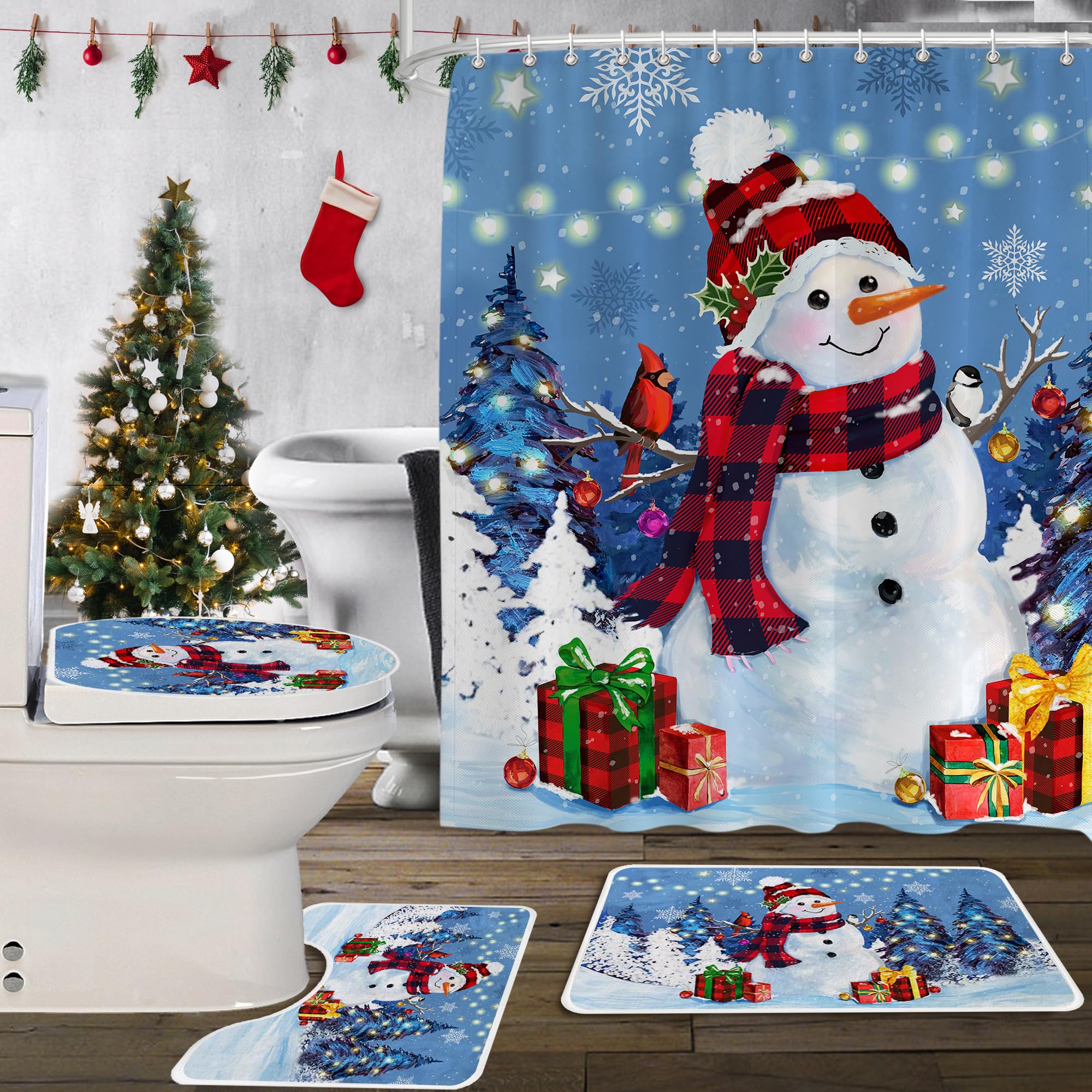 Snowman Christmas Shower Curtain Set - 4 Piece Bathroom Decor with 72x72 Inch Waterproof Curtain, Non-Slip Rug, Toilet Lid Cover & 12 Hooks - Holiday Blue Winter Theme for Bathroom, Guest Room & Seasonal Decor