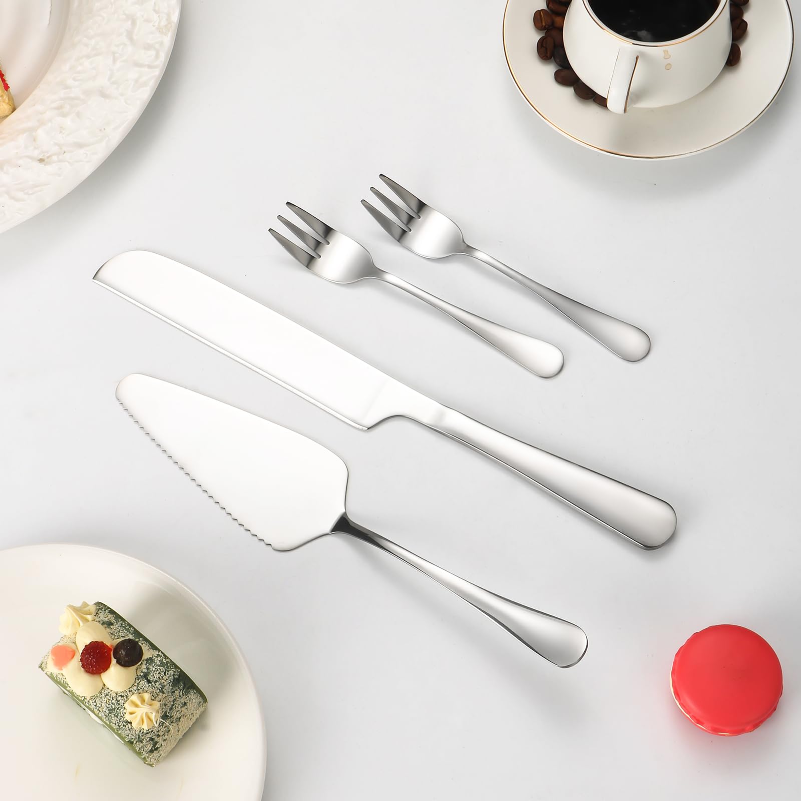 8-Piece Silver Cake Knife and Server Set with 6 Cake Forks - Elegant Wedding Cake Cutting Set for Birthday, Anniversary & Holiday Parties - Perfect for Wedding Receptions, Bridal Showers & Special Celebrations