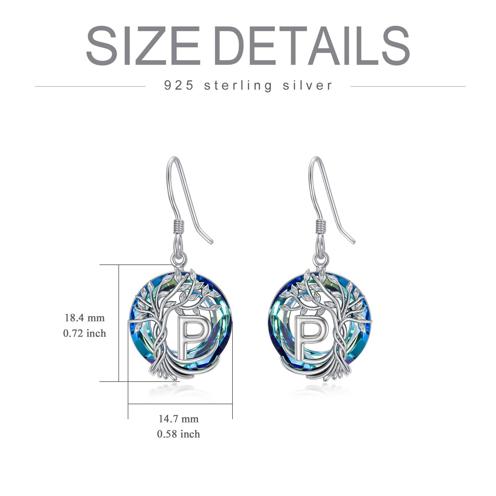 TOUPOP Sterling Silver Tree of Life Initial Earrings with Blue Crystal - A-Z Letter Drop Dangle Earrings for Women, 925 Silver Jewelry Gift for Valentine's Day, Anniversary, Birthday - Perfect for Her, Girlfriend or Mom | Elegant Everyday Wear & Special Occasion Gift