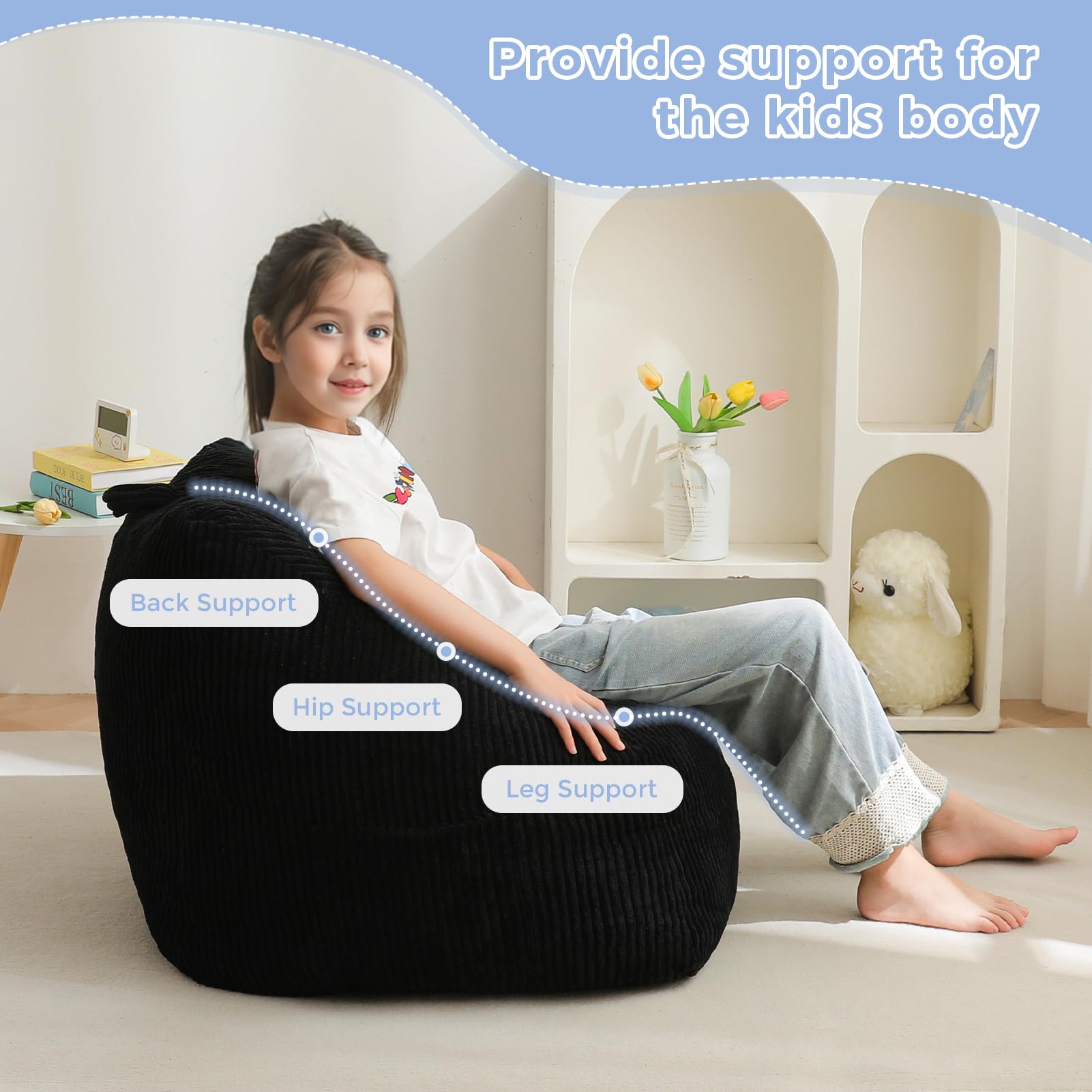 MAXYOYO Kids Bean Bag Chair - Soft Corduroy Bean Bag Couch with Handle & Storage Pocket for Gaming, Reading & Relaxing - Perfect for Bedroom, Playroom & Dorm Room - Black