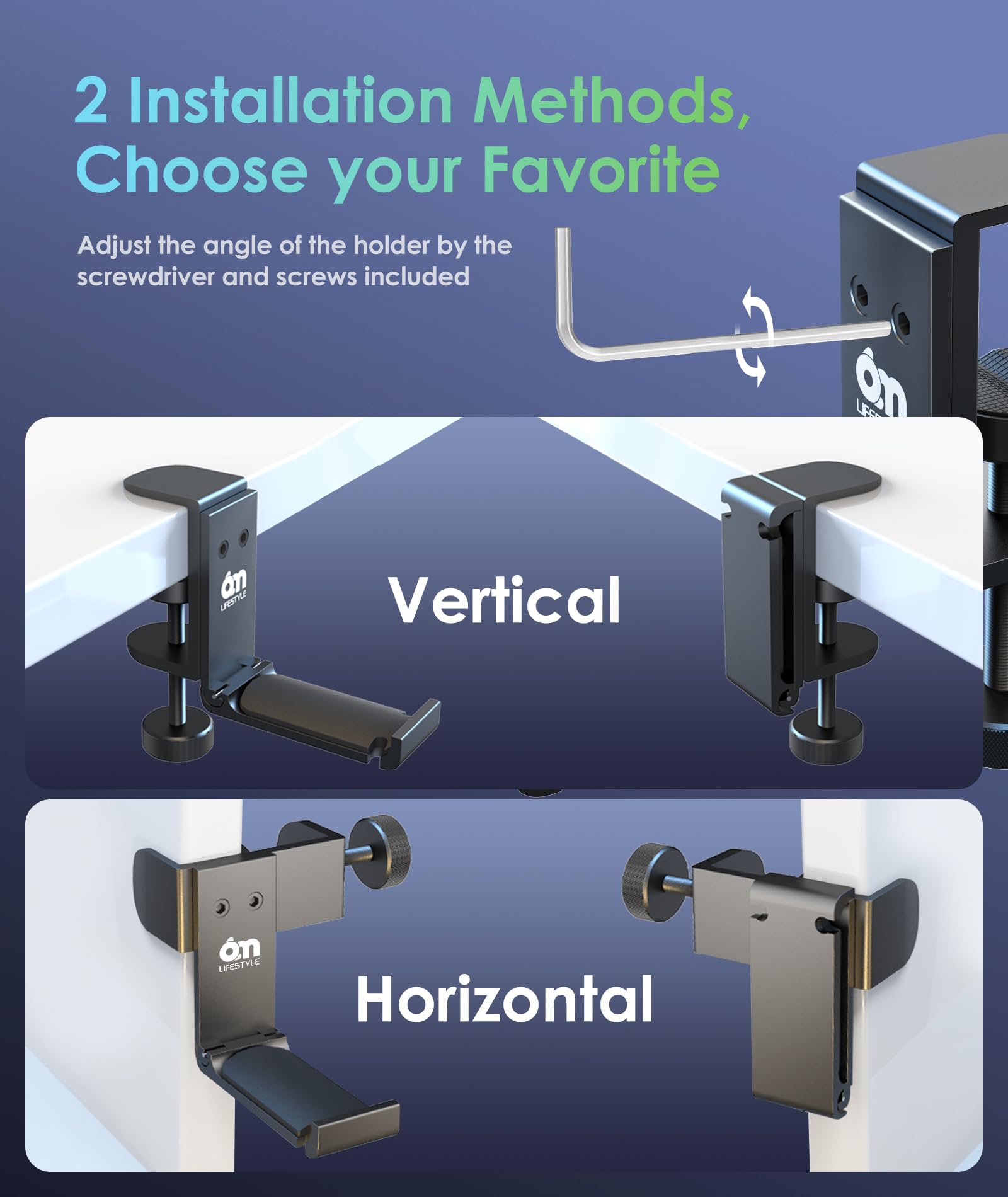 Foldable Under Desk Headphone Holder Hook & Hanger Stand - Metal Space-Saving Headset Mount with Cable Organizer for Gaming PC Headsets, Office & Home Use - Perfect for Desk, Wall, or Clamp Installation