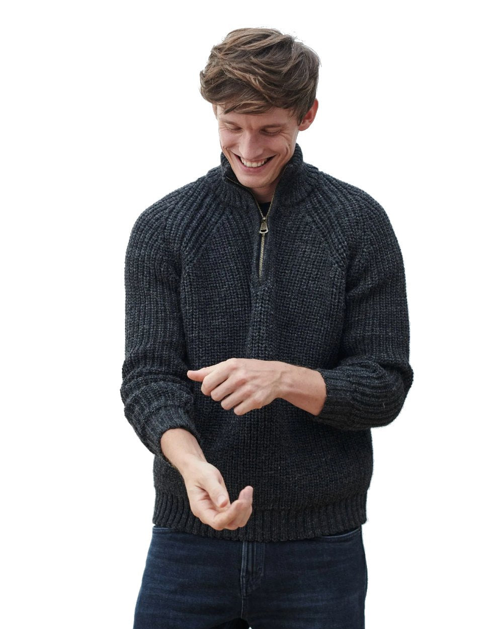 Aran Men's Fisherman Raglan Zip Sweater - Warm Irish Wool Knit Pullover for Winter, Outdoor & Casual Wear