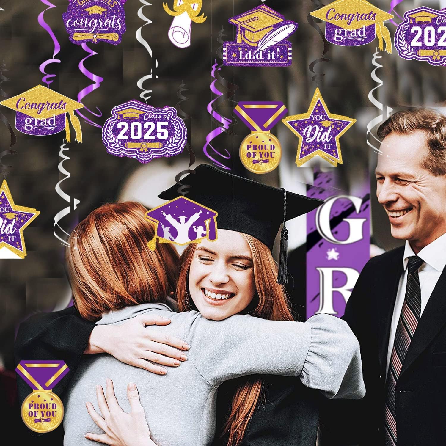 2025 Graduation Party Decorations - Purple, Black & Gold Hanging Swirls for NYU, ISU & College Graduates | Class of 2025 Graduation Decor for Dorms, Parties & Photo Backdrops