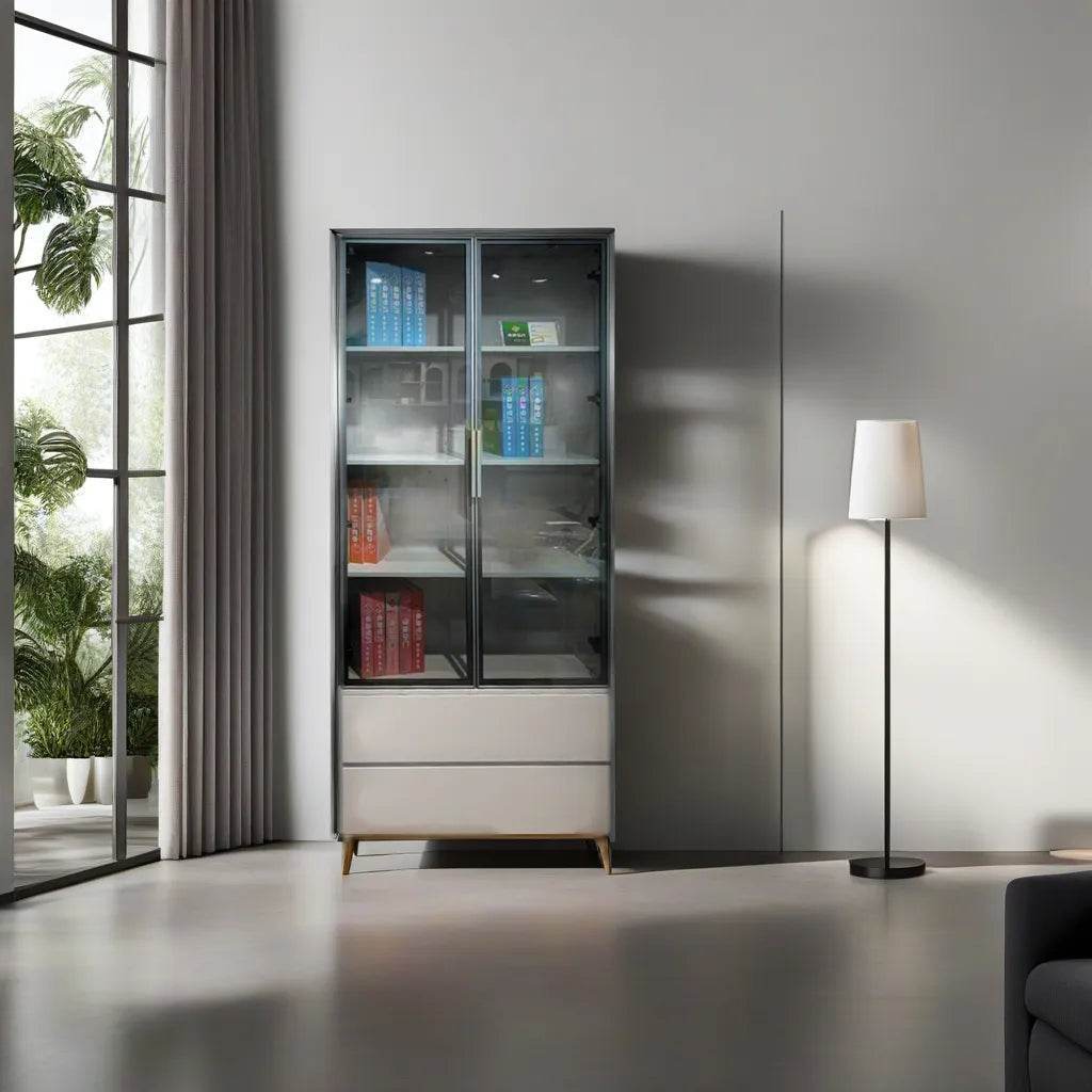 Kevin Display Bookshelf with Glass Doors - Modern Glass Door Bookcase for Living Room, Office & Library - Stylish Storage for Books, Collectibles & Home Decor