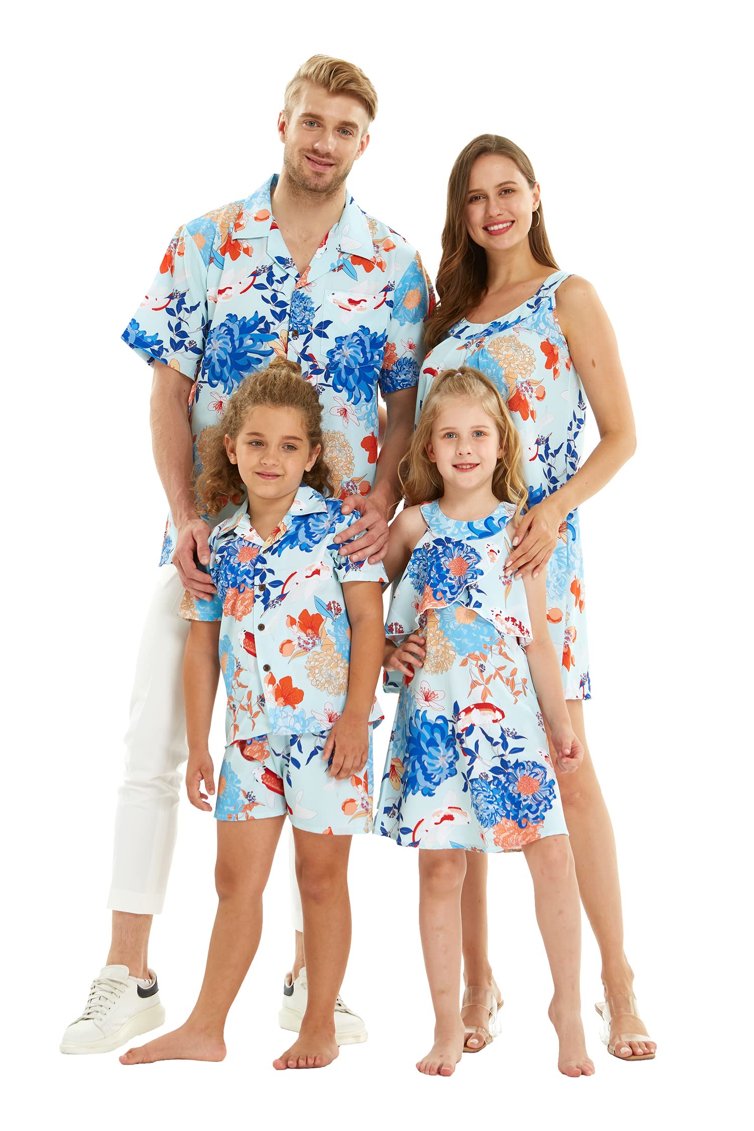 Hawaiian Luau Outfits for Family - Matching Floral Koi Blue Shirts for Men, Women, Boys & Girls | Beach Party, Summer Vacation & Tropical Theme Events