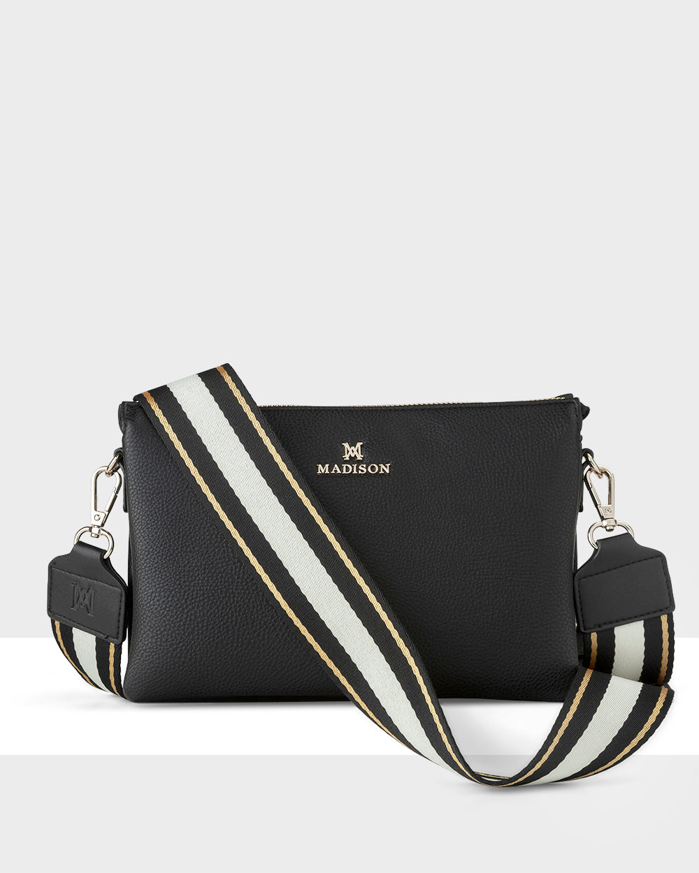 Avery 3 Compartment Crossbody Bag with Adjustable Metallic Stripe Strap - Stylish Hands-Free Purse for Women, Travel, Shopping & Everyday Use