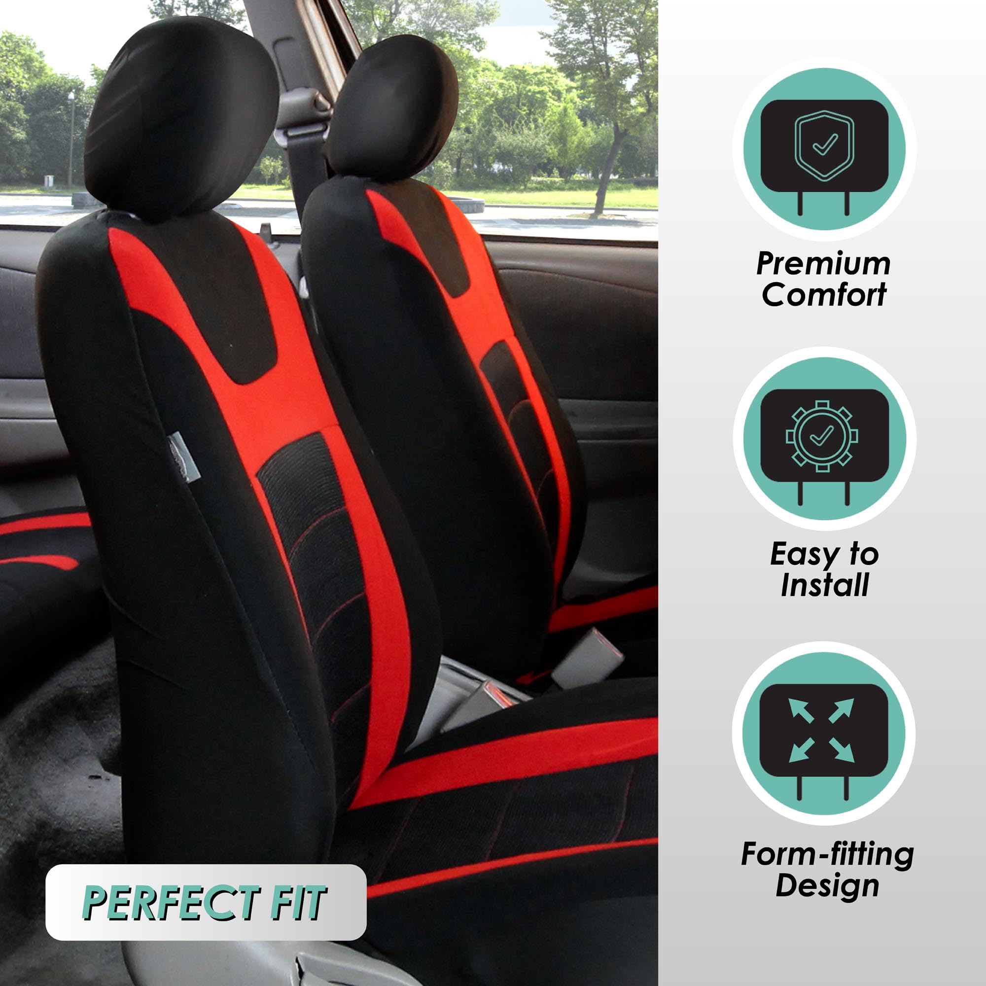FH Group Universal Fit Car Seat Covers Full Set - Sports Style Red Automotive Seat Protectors | Airbag Compatible & Split Rear Design | Interior Accessories for Cars, Trucks, SUVs | Perfect for Daily Commute, Road Trips & Family Protection