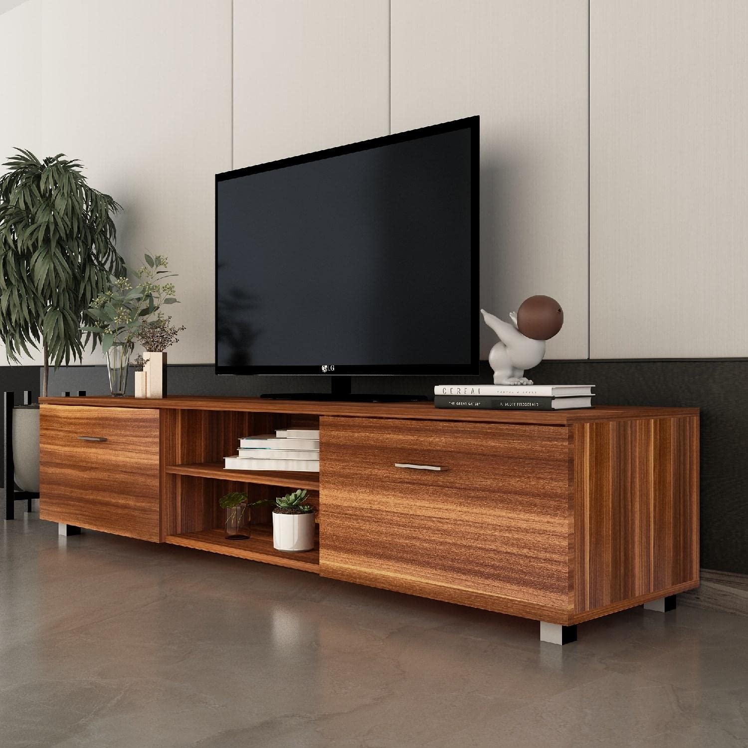 JINS&VICO 70 Inch TV Stand with Storage Cabinets & Open Shelves, Walnut Media Console Entertainment Center - Perfect for Living Room, Bedroom & Home Theater Setup