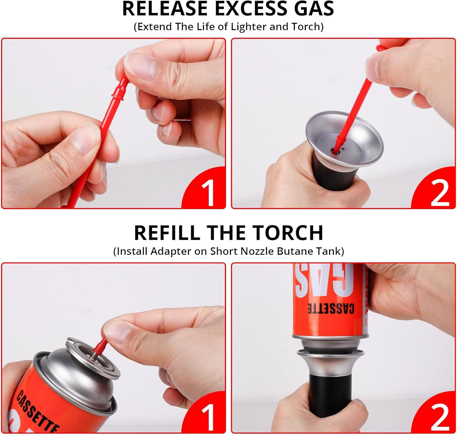 Semlos Butane Tank Adapter - 3 Pack Butane Nozzle Tips for Lighter & Torch Refill | Universal Gas Refill Adapter for All Nozzle Gas Tanks | Perfect for Kitchen Torches, Cigarette Lighters & Camping Stoves (Red)