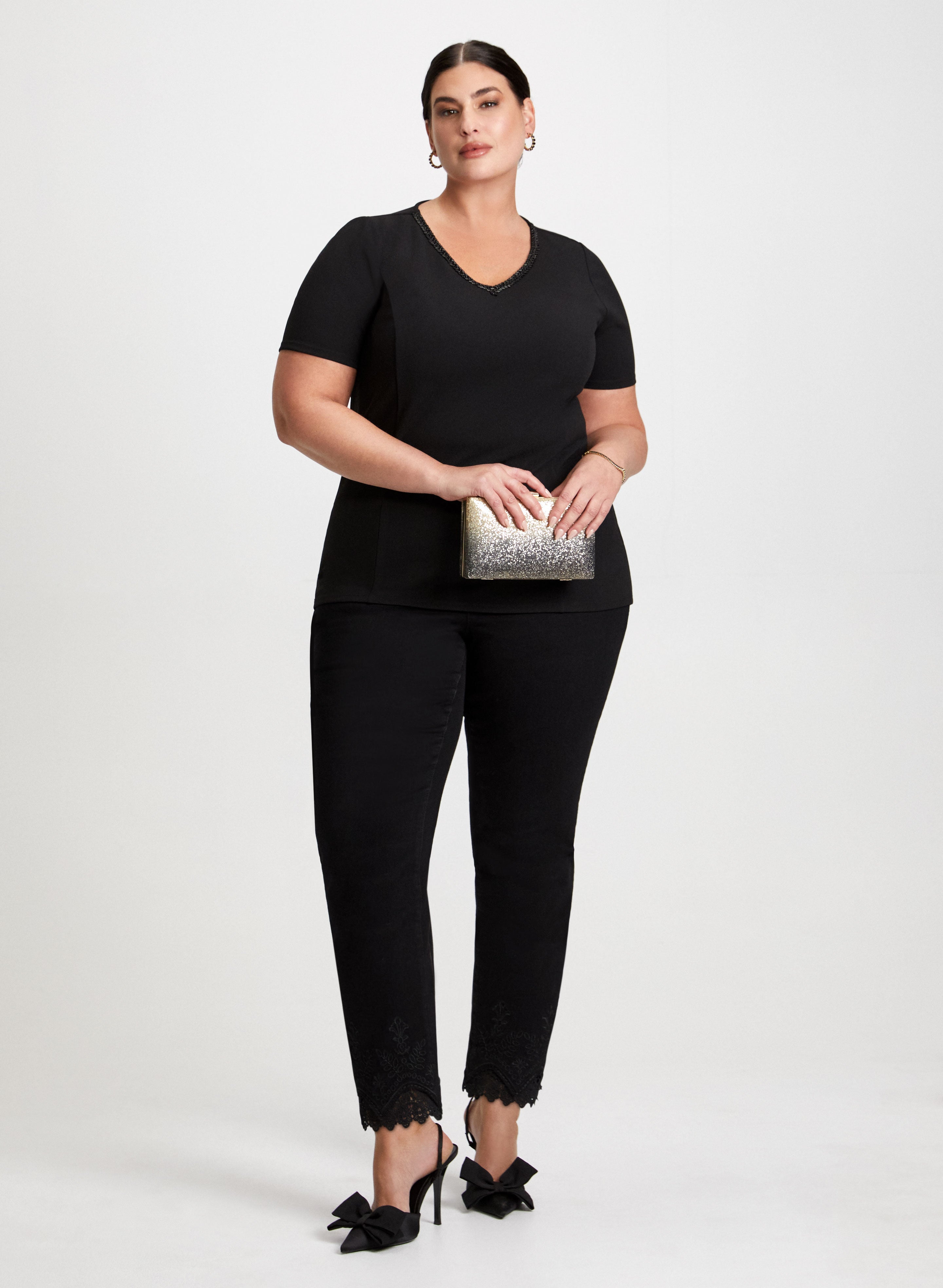 Elegant Beaded V-Neck Blouse with Lace Hem Pants Set - Women's Fashion Outfit for Party, Dinner Date & Special Occasions