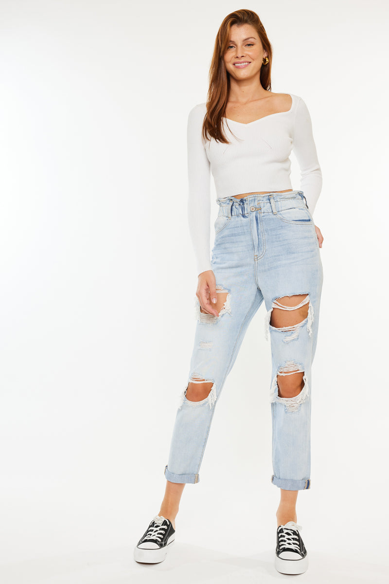 Darel Ultra High Rise Paperbag Mom Jeans - Vintage High Waisted Stretch Denim Pants for Women | Perfect for Casual Outfits, Street Style & Everyday Wear