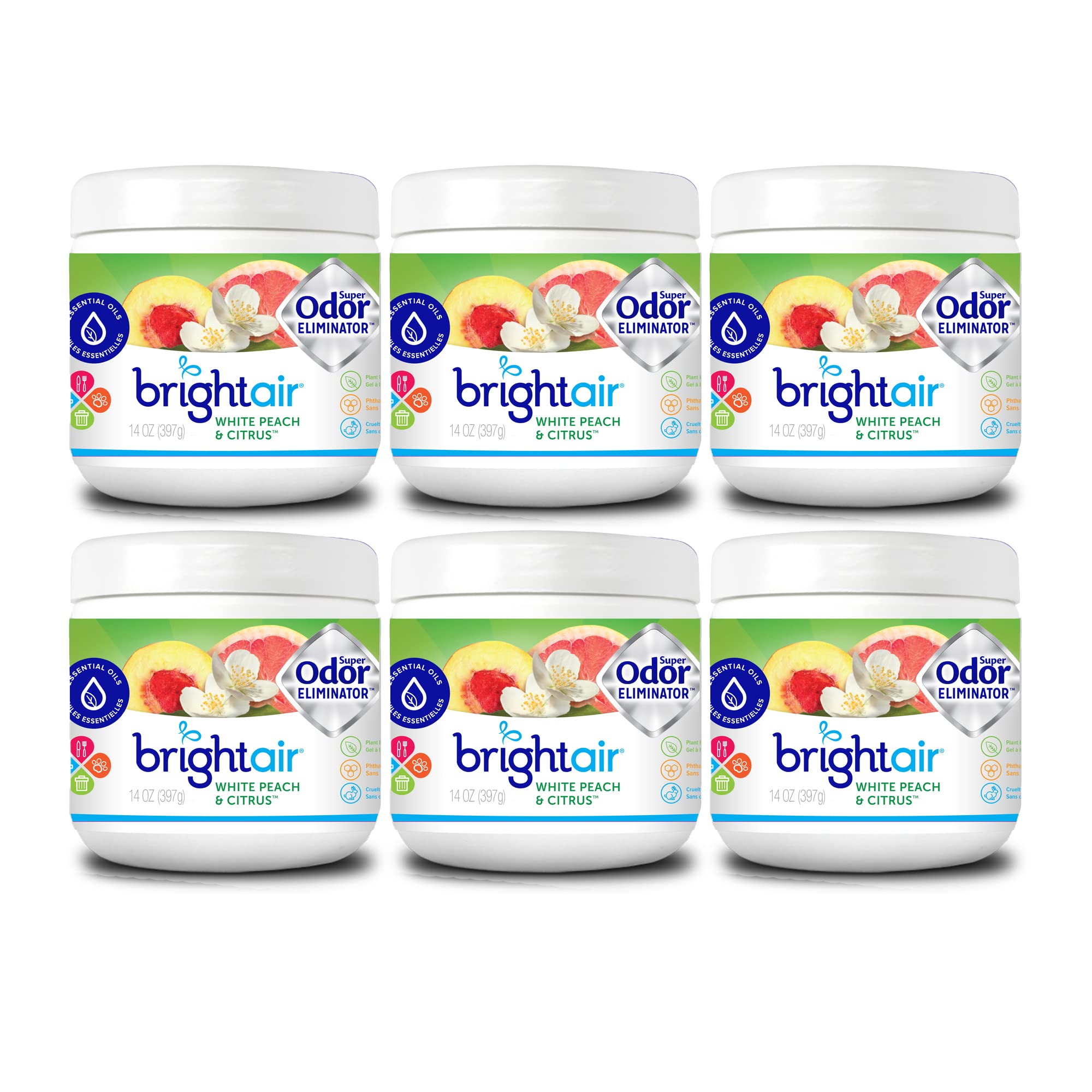 Bright Air Solid Air Freshener & Odor Eliminator - White Peach & Citrus Scent (14 Oz, 6 Pack) | Long-Lasting Fragrance for Home, Office, Car, and Bathroom | Eliminates Bad Odors Naturally