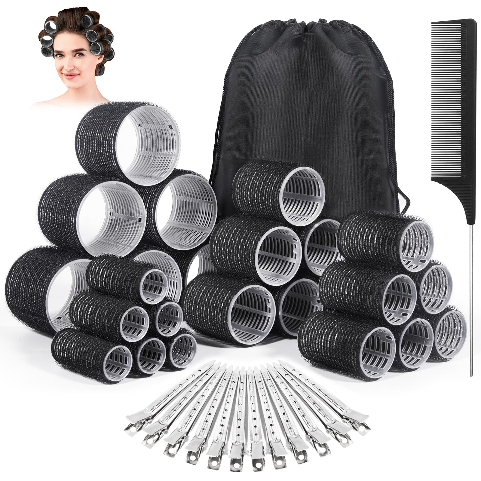 38PCS Hair Rollers Set for Long Thick Hair - Jumbo, Large, Medium & Small Curlers with 12 Stainless Steel Clips & Storage Bag - Perfect for Salon, Home Styling & DIY Curls