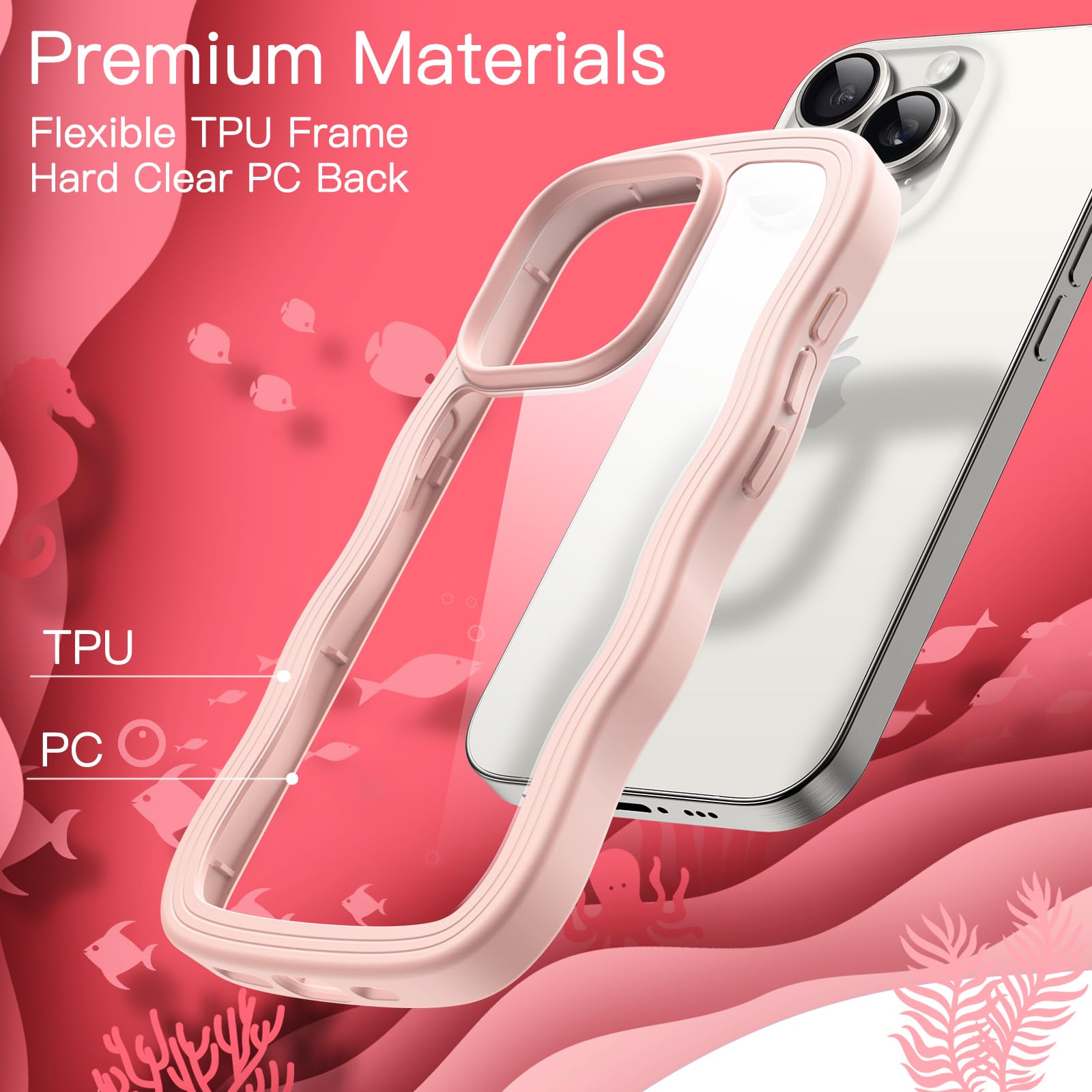 JETech Cute Pink Wave Frame iPhone 15 Pro 6.1-Inch Case - Shockproof Clear Hard PC Cover for Women & Girls - Perfect for Everyday Use, Work & Travel