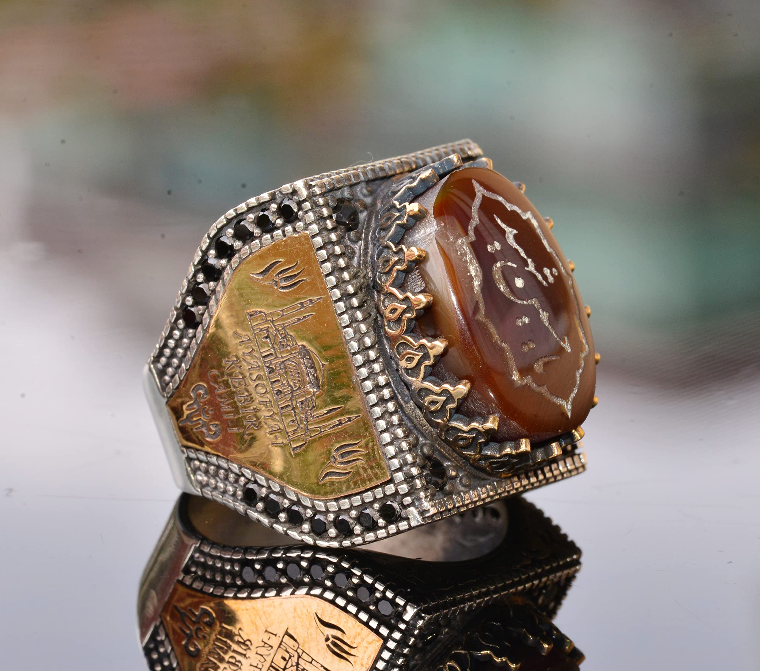 Natural Agate Gemstone Ring for Men - Sterling Silver Arabic Islamic Religious Jewelry Gift for Prayer, Eid, Wedding & Special Occasions