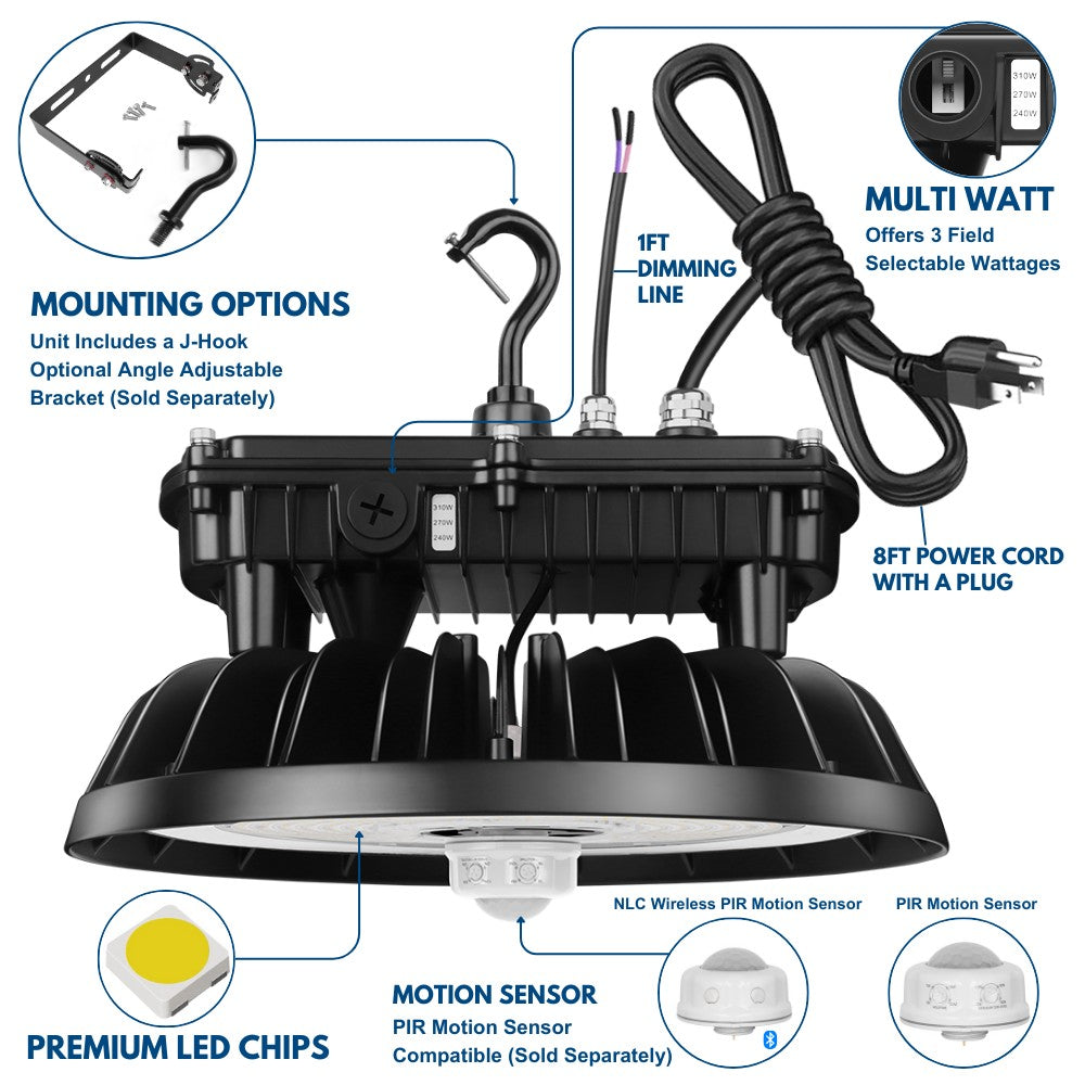 MAX Round UFO LED Bay Light 310W/270W/240W Selectable - 46,500 Lumens 5000K Daylight White - 1000W Metal Halide Equivalent - Perfect for Warehouses, Garages, Workshops & Industrial Lighting