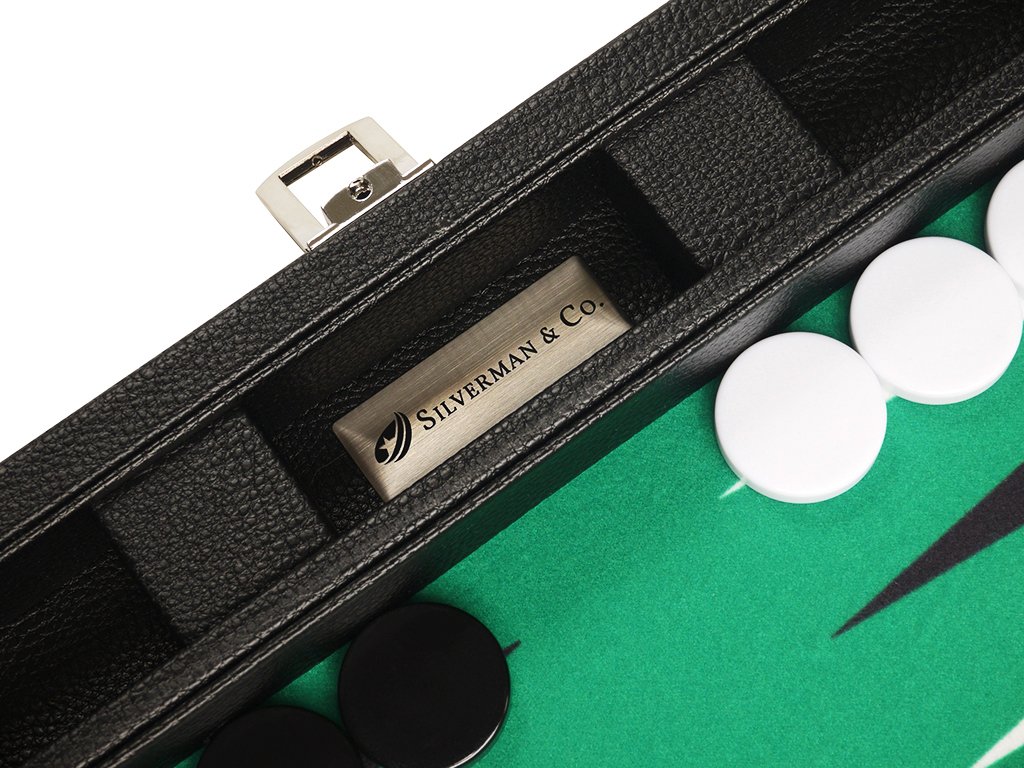13-Inch Premium Backgammon Set - Compact Travel Size with Black Board & Green Playing Surface - Classic Black and White Points - Perfect for Travel, Parties & Family Game Nights