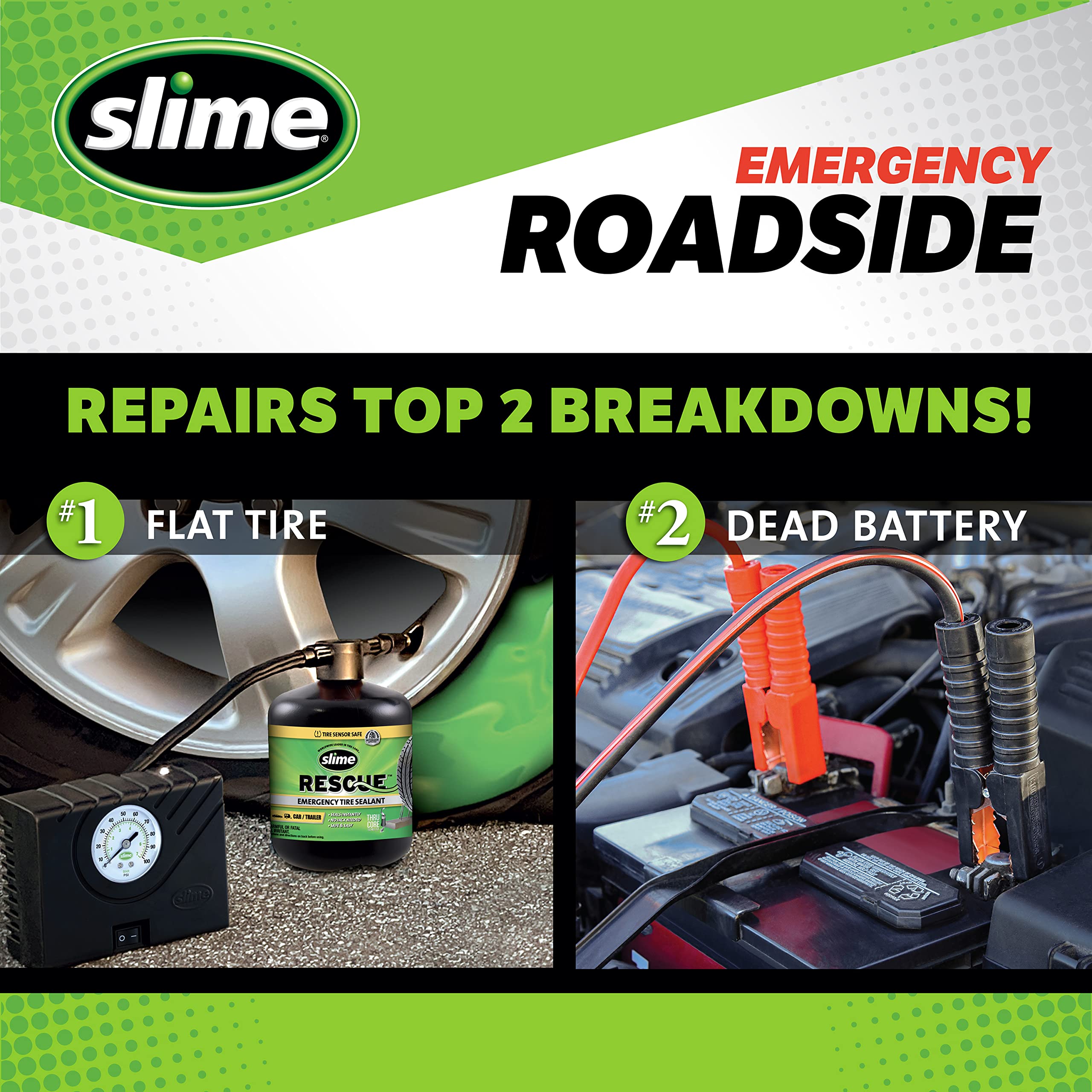 Slime 50154 Emergency Roadside Kit with Flat Tire Repair & Jumper Cables - Compact, Standard & Crossover Vehicle Safety - Perfect for Road Trips & Winter Driving