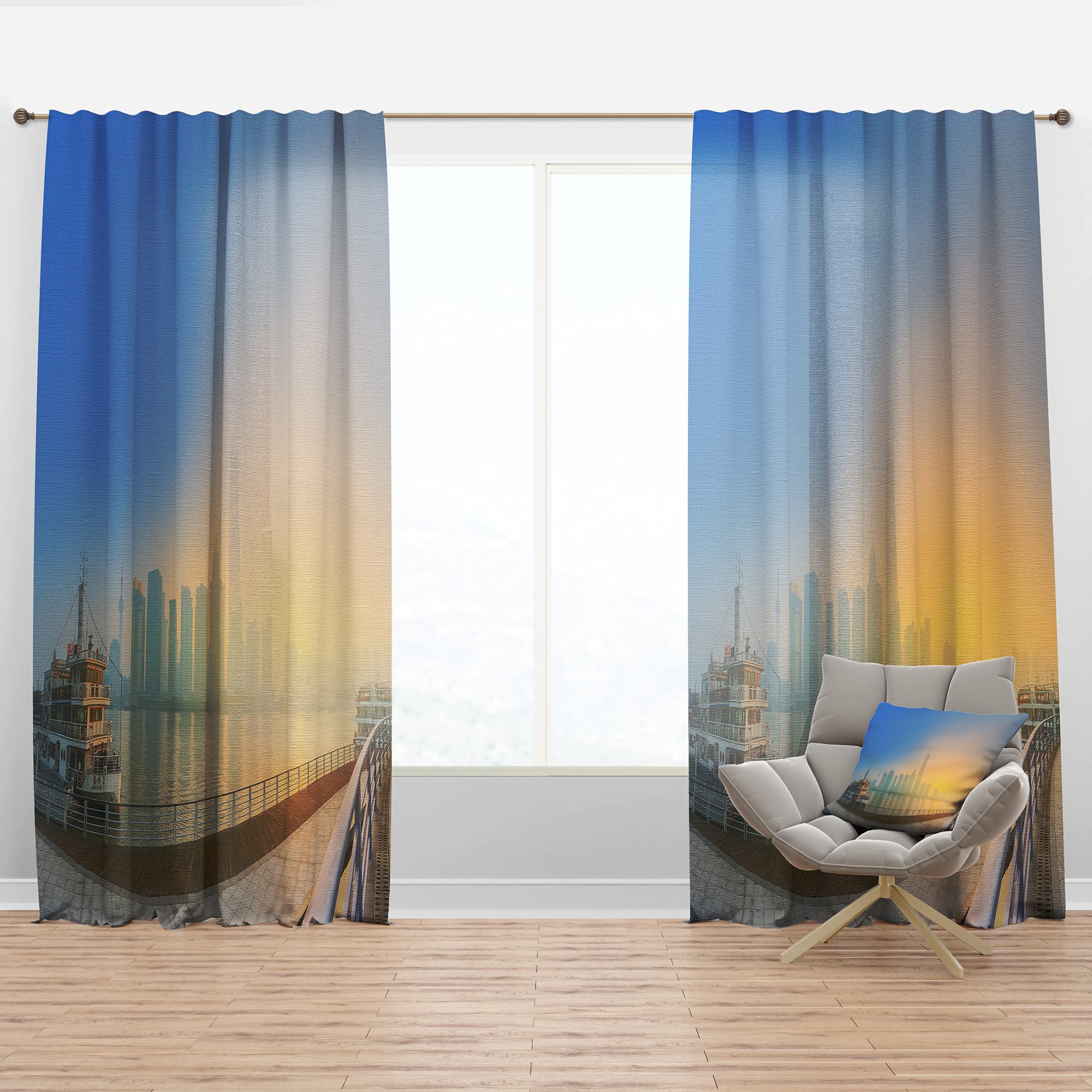 DesignQ Thermal Insulated Blackout Curtains - Shanghai Night Skyline with LED Lights - 52x84 Inch Single Panel for Bedroom & Living Room - Perfect for Home Theater, Nursery & Light Control