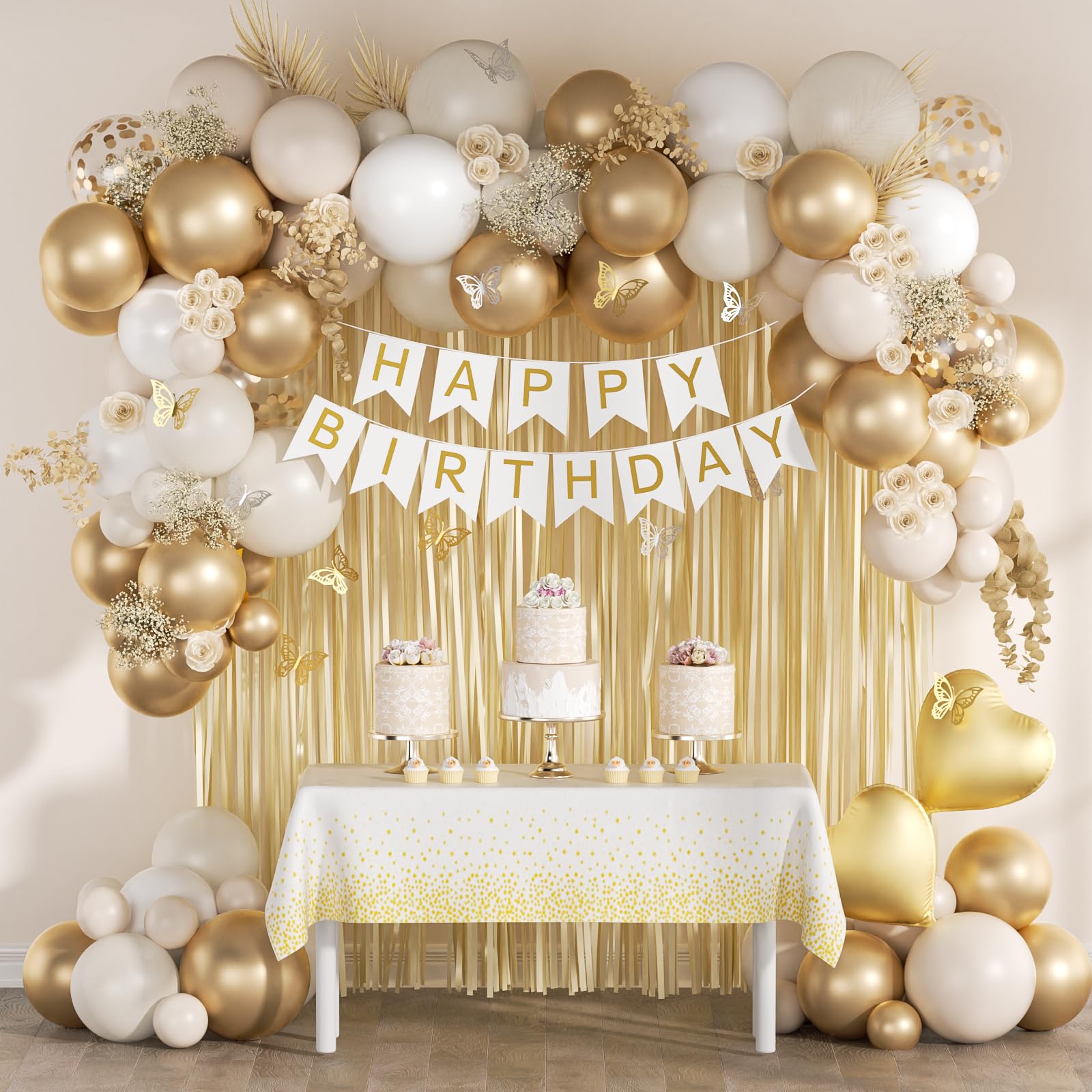 White & Gold Happy Birthday Party Decorations Set - Banner, Fringe Curtain, Tablecloth, Butterfly & Foil Balloons - Elegant Adult Women's Birthday Party Supplies | Perfect for Home, Office & Surprise Party Decor