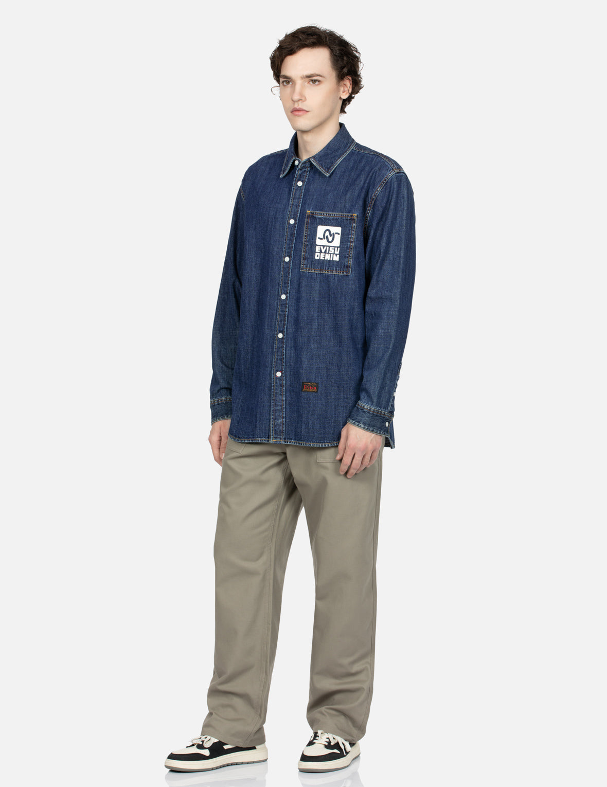 Pop Art Godhead Print Relax Fit Denim Shirt for Men - Vintage Inspired Casual Button Down Shirt for Streetwear & Urban Fashion