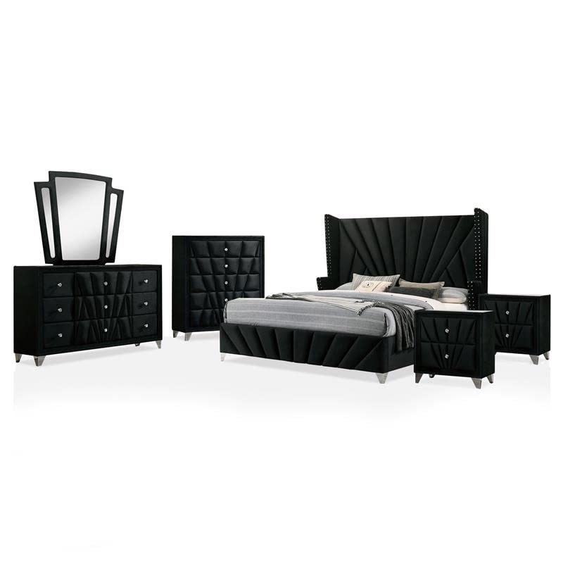 Furniture of America FOA Sakan 6-Piece Queen Size Bedroom Set - Black Fabric Upholstered Bed Frame, 2 Nightstands, Dresser, Chest & Mirror | Modern Bedroom Furniture for Master Suite & Guest Room