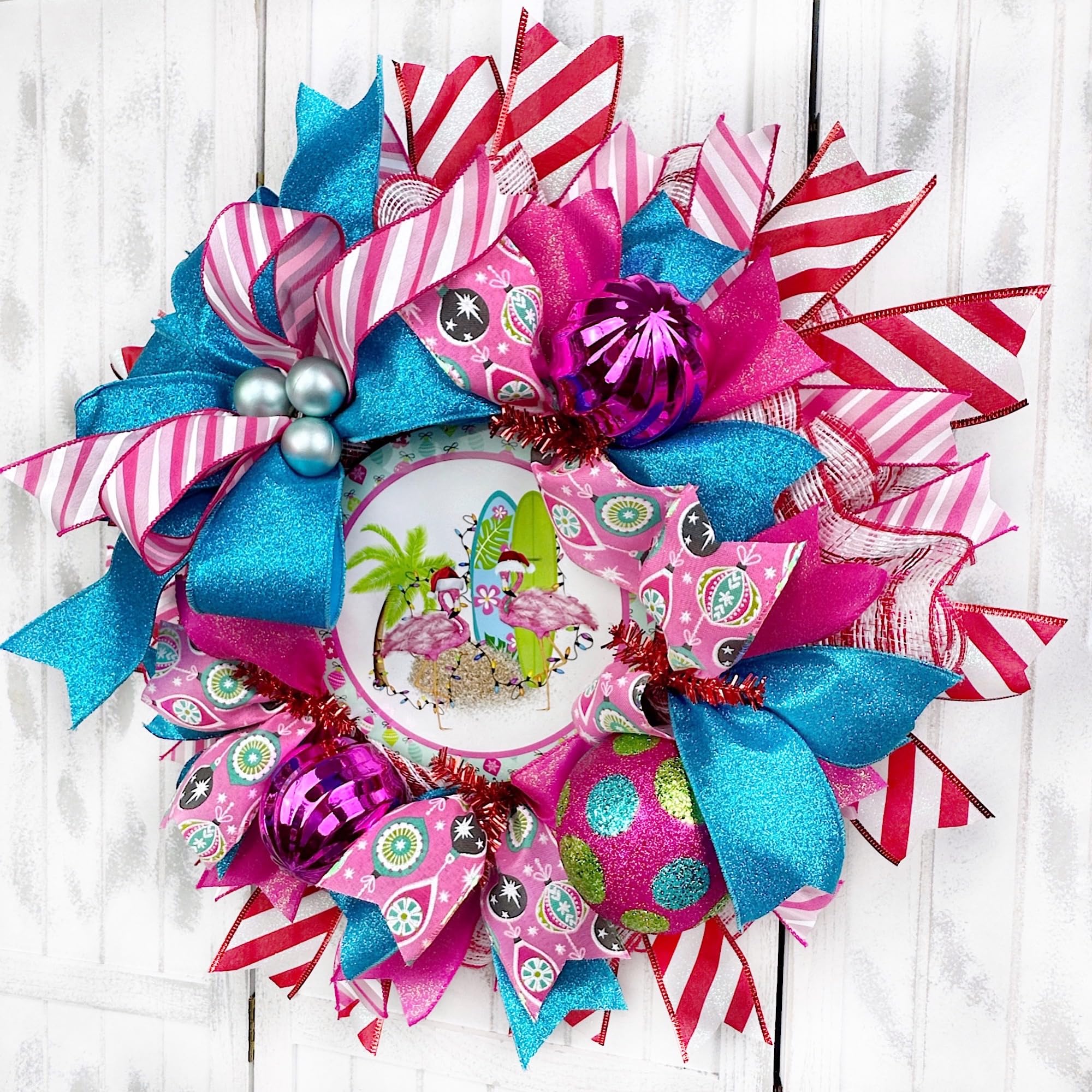 Handmade Coastal Flamingo Christmas Wreath with Ornaments & Bow - Nautical Beach Holiday Door Decor for Christmas, Home, Party