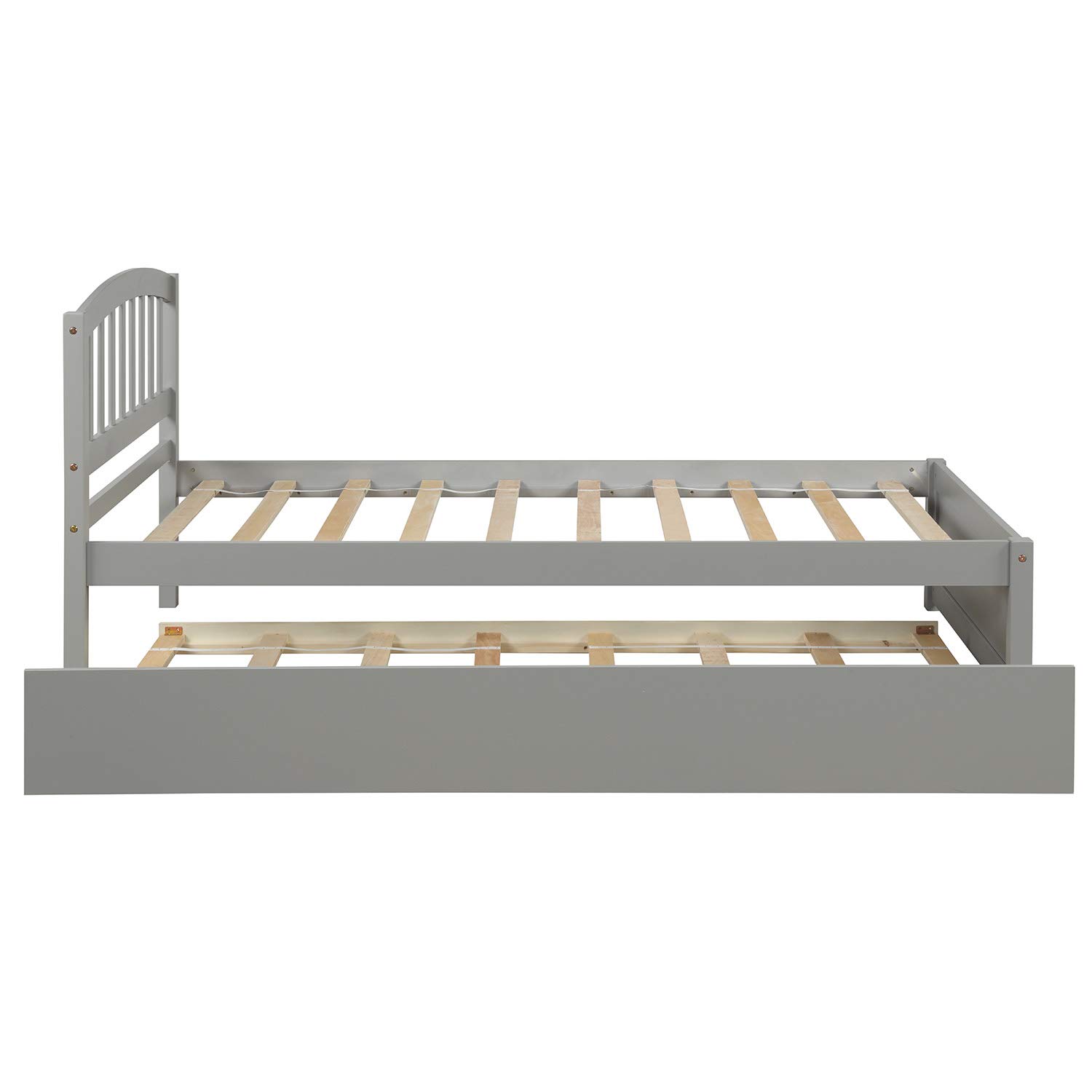 P PURLOVE Solid Wood Twin Size Platform Bed with Trundle - Sturdy Wooden Bed Frame with Headboard for Kids & Teens - Perfect for Small Bedrooms, Guest Rooms & Dormitories