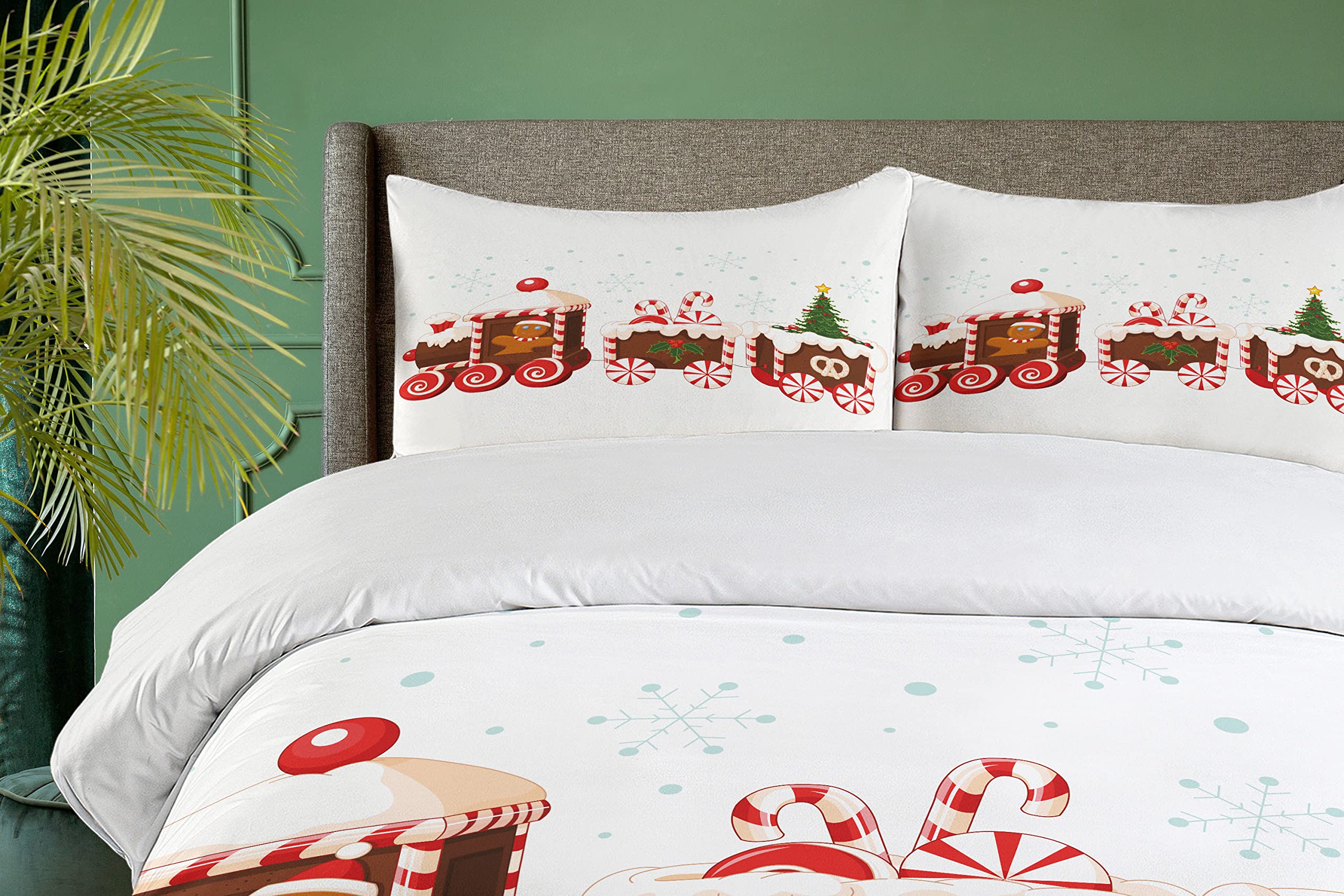 Ambesonne Christmas Duvet Cover Set 3-Piece - Train Gingerbread Cream Candy Cartoon Toys Snowflakes Presents Design - California King Size Bedding with 2 Pillow Shams - White Brown Vermilion Holiday Decor for Cozy Winter Bedrooms & Festive Home Styling