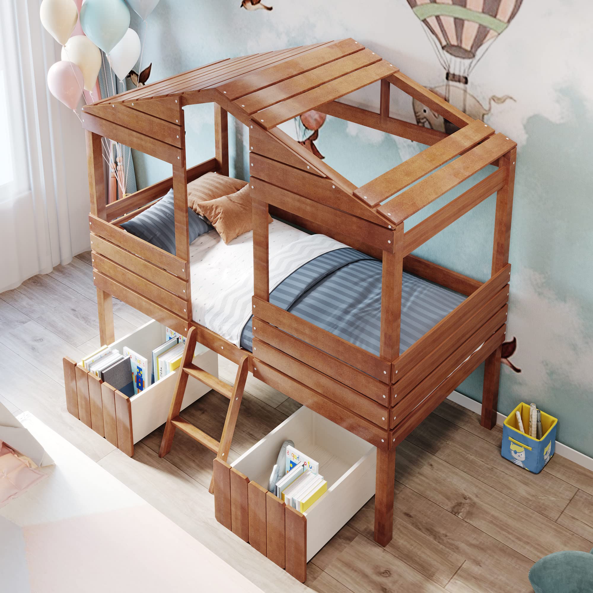 Softsea Twin House Loft Bed with Storage - Kids Play & Sleep Space