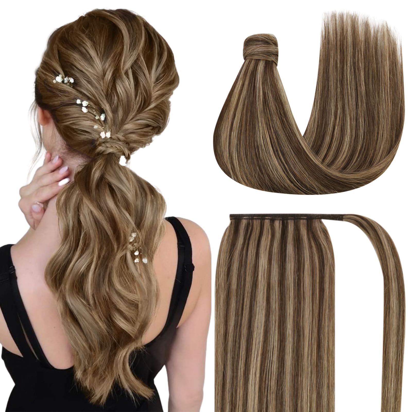 Ve Sunny Real Human Hair Ponytail Extension - Dark Brown with Caramel Blonde Ombre Highlights (14 Inch, 80g) | Natural Looking Hairpiece for Everyday Wear, Parties & Special Occasions