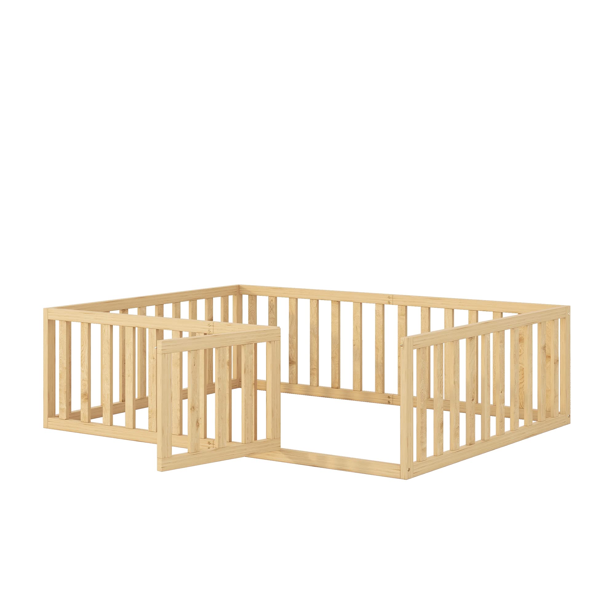 Wooden Kids Floor Bed with Fence & Door - Safe Playpen for Toddlers - Nursery & Playroom