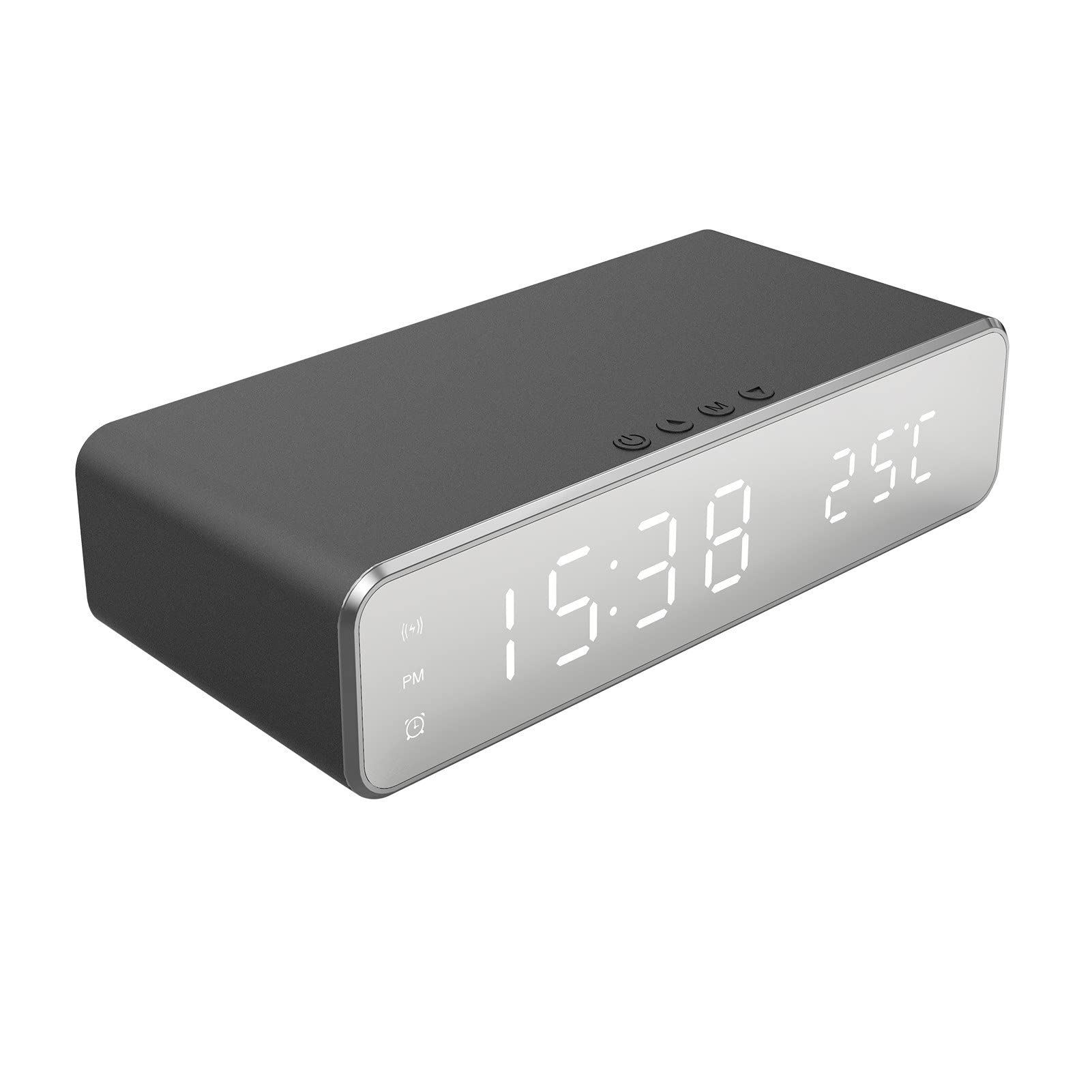 Wireless Charging Digital Alarm Clock with LED Mirror Screen - 3 Alarms, 12/24H Time, Temperature & Date Display - USB Charging Station for Phone & Headset - Perfect for Bedroom, Office & Desk Use