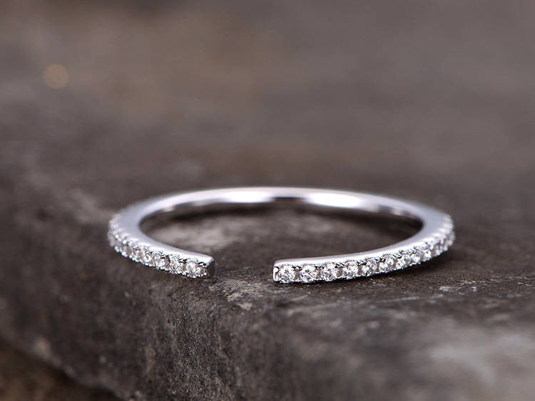1.5mm Moissanite Diamond Wedding Band Ring for Women - 14K White Gold & Sterling Silver Stackable Open Gap Ring - Perfect for Bridal, Engagement, Anniversary & Everyday Wear