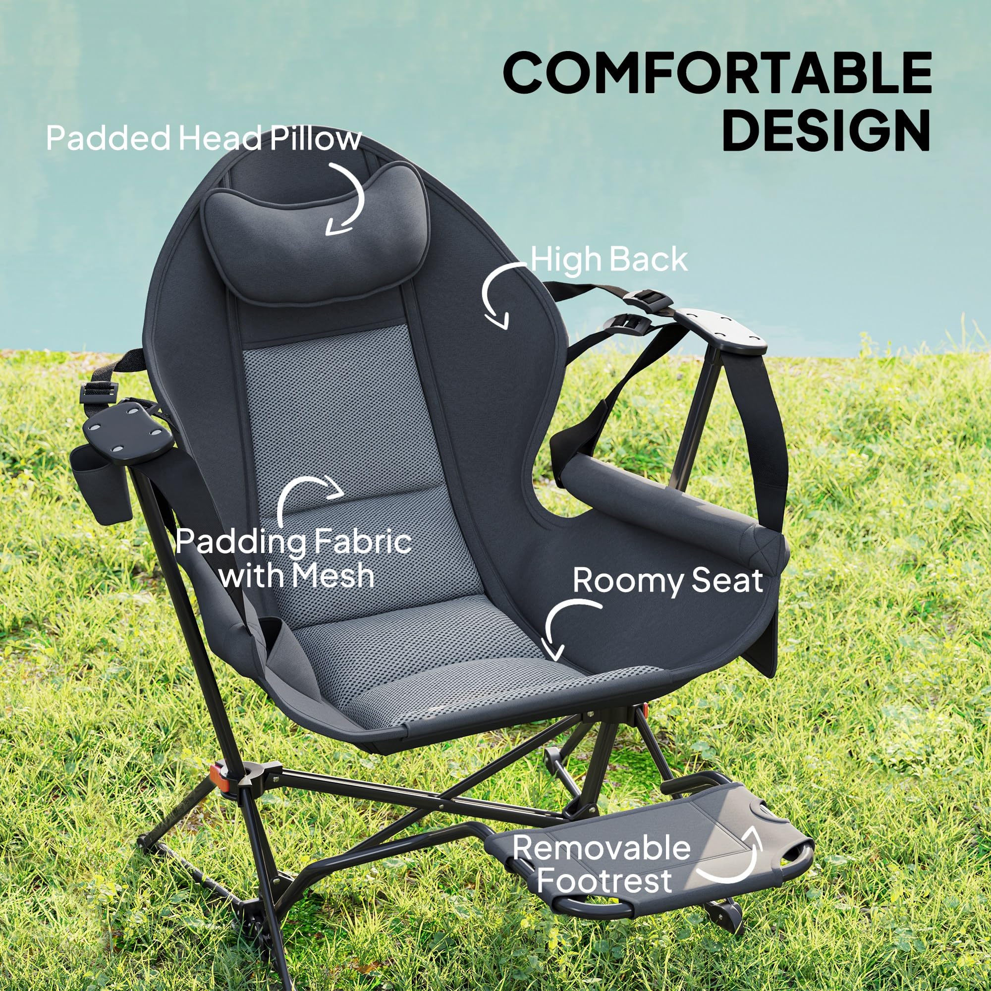 Outsunny Double Hammock Camping Chair - Adjustable Folding Rocking Chair with Cup Holder, Headrest & Removable Footrest - Padded Portable Swing Seat for Backyard, Beach, Travel, Sports & Concerts - Dark Gray
