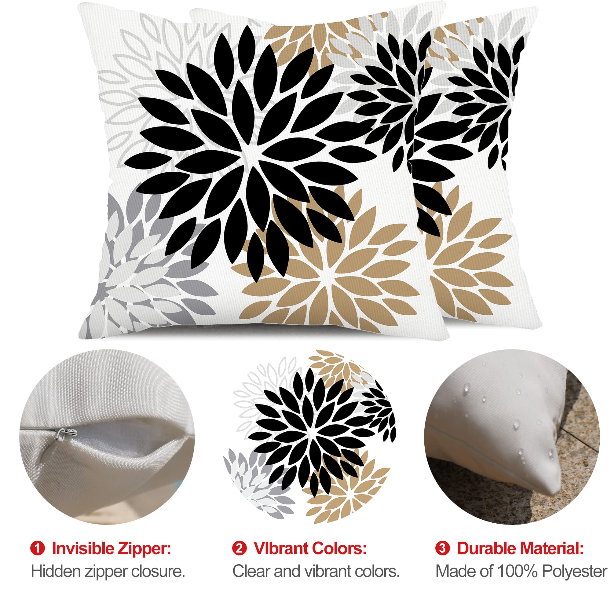 Premium Black Brown Outdoor Pillow Covers 18x18 Inch (Set of 2) - Farmhouse Modern Floral Polyester Square Cushion Cases - Waterproof & UV Resistant for Patio Furniture, Garden, Porch, Deck & Outdoor Decor