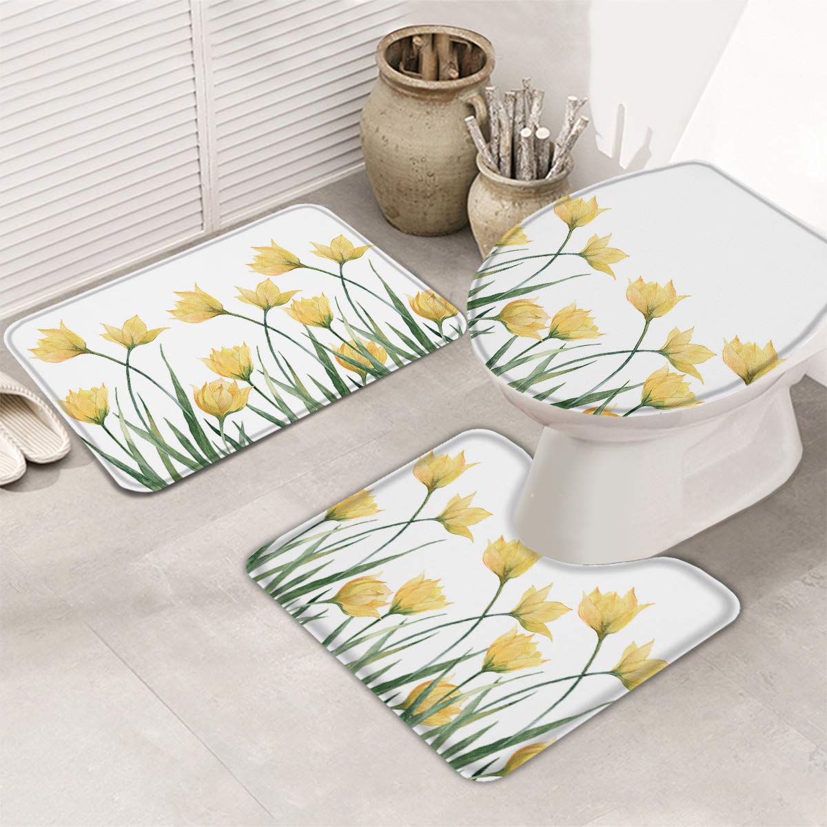 Royalreal 3-Piece Bathroom Rug Set - Non-Slip Floral Tulip Design (Bath Mat, Contour Mat & Toilet Lid Cover) | Machine Washable Yellow Spring Flowers | Perfect for Bathroom Decor & Home Upgrade