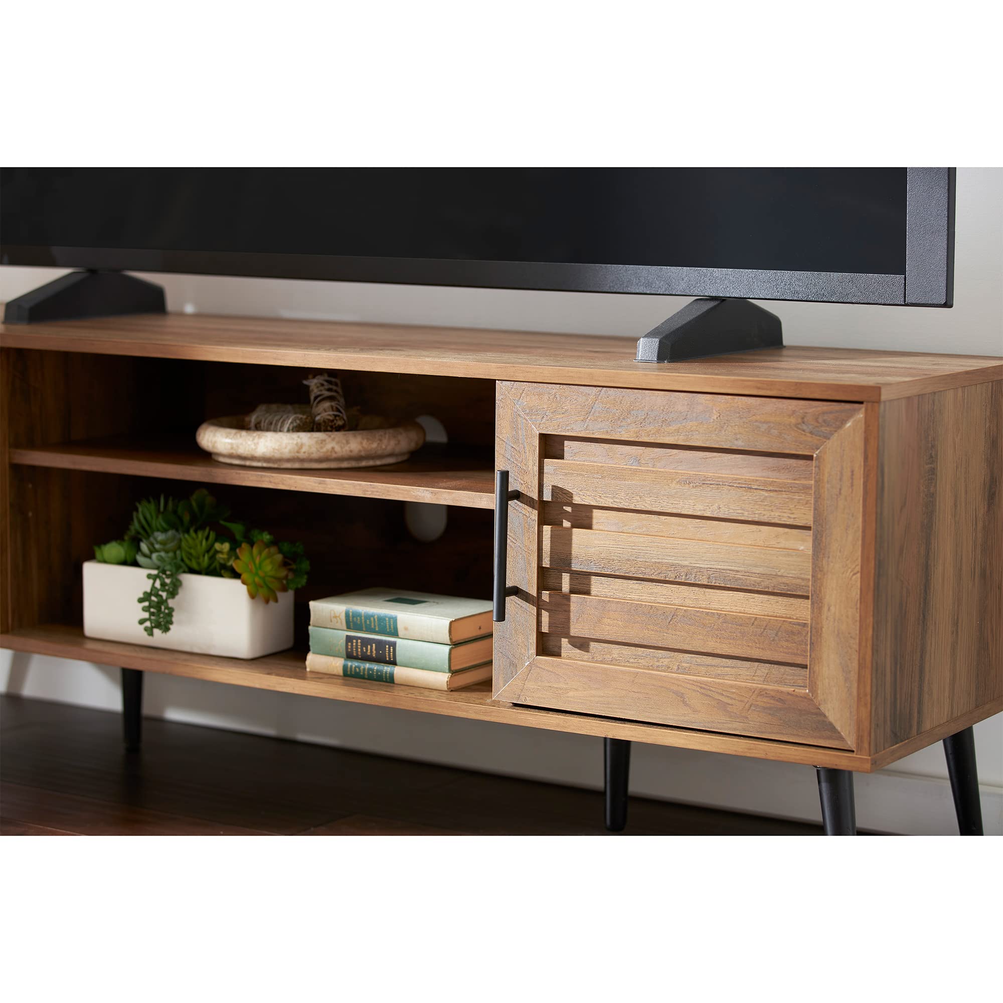 Mid Century Modern TV Stand with Open Shelves & 2 Cabinets - Walnut Wood Entertainment Center for 65 Inch TVs - Perfect for Living Room, Home Theater & Media Room Organization