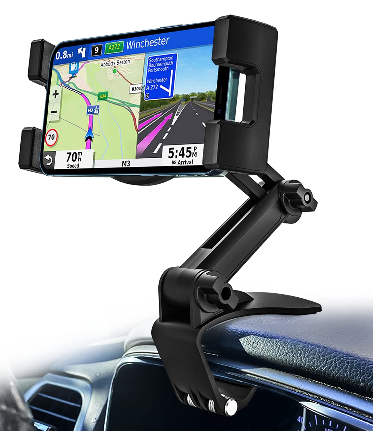 Universal Car Phone Mount Holder - Adjustable Dashboard Clip & Sun Visor Clamp for iPhone 16 Pro Max/15/14/13/12, Galaxy S24/S23, Android Smartphones - Perfect for GPS Navigation, Hands-Free Calls & Road Trips