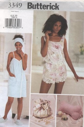 Butterick 3349 Women's Towel Wrap Set with Slippers, Head Wrap, Pillow, Camisole, Shorts & Bag - Size 6-8-10 - Perfect for Spa, Beach & Relaxation at Home