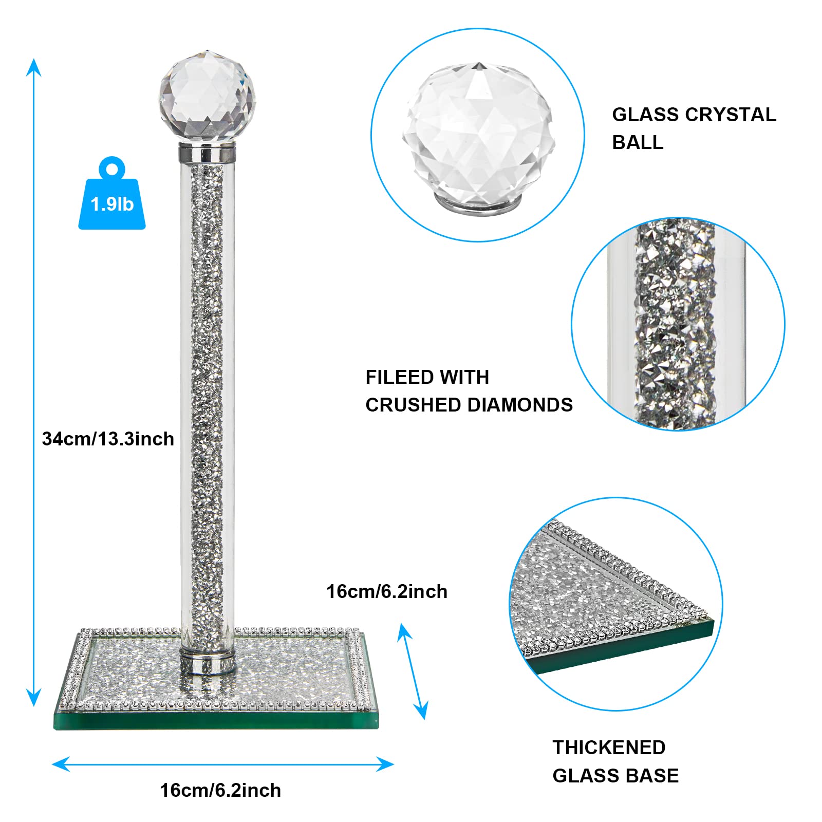 Elegant Crystal Paper Towel Holder - Silver Countertop Towel Stand for Kitchen & Bathroom | Stylish Bling Home Decor for Modern Spaces