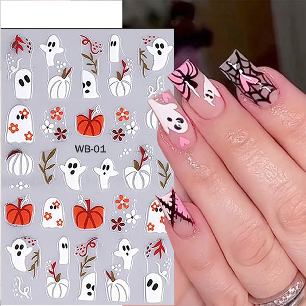 Halloween Nail Stickers - 6 Sheets Cute Ghost, Spider Web, Pumpkin & Mummy Nail Art Decals | Self-Adhesive Nail Designs for Women | DIY Manicure Decorations for Halloween Parties & Costume Events