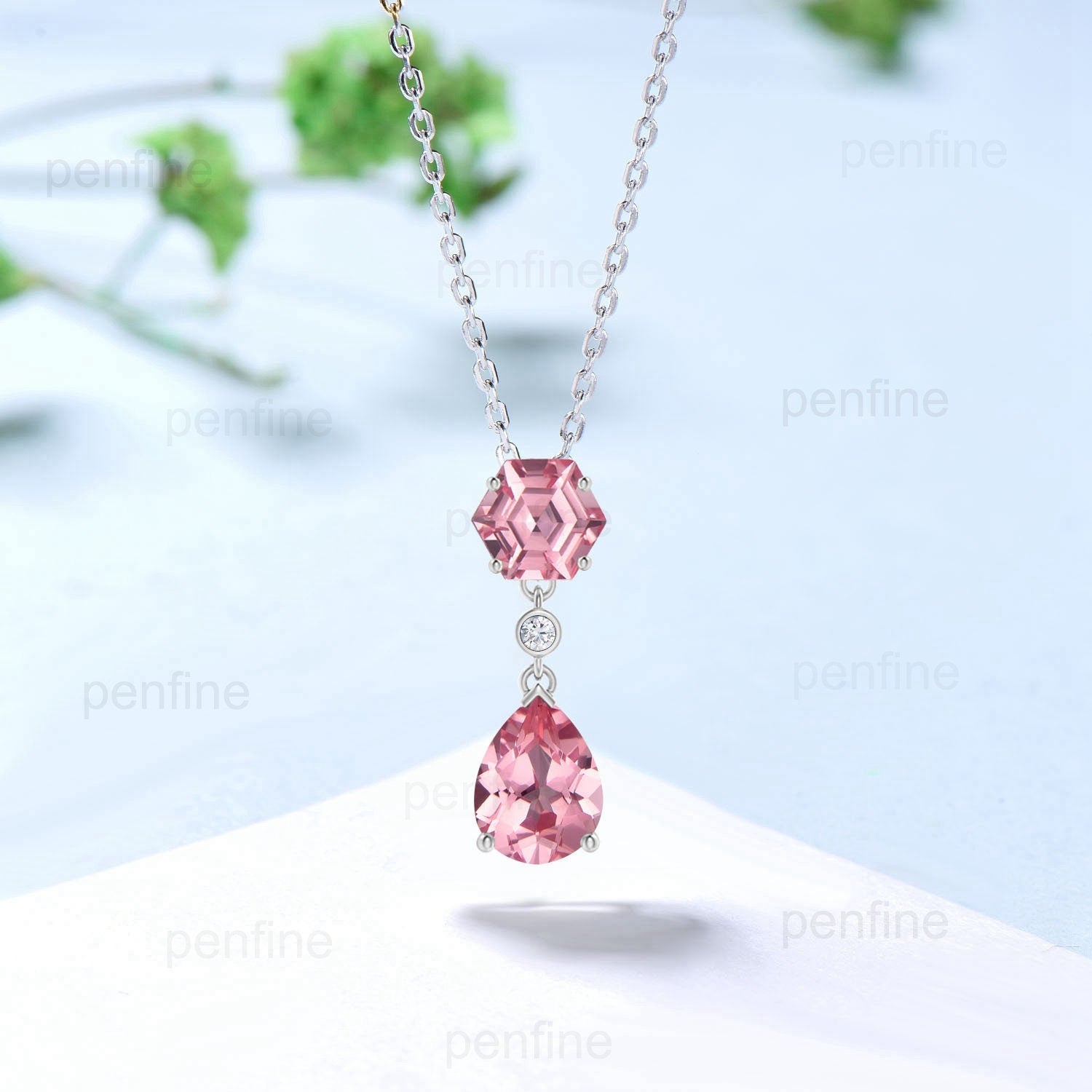 Hexagon Cut Padparadscha Sapphire Pendant Necklace - Minimalist Pear Shaped Rose Gold Jewelry for Anniversary Gift | Elegant Everyday Wear & Special Occasion Accessory