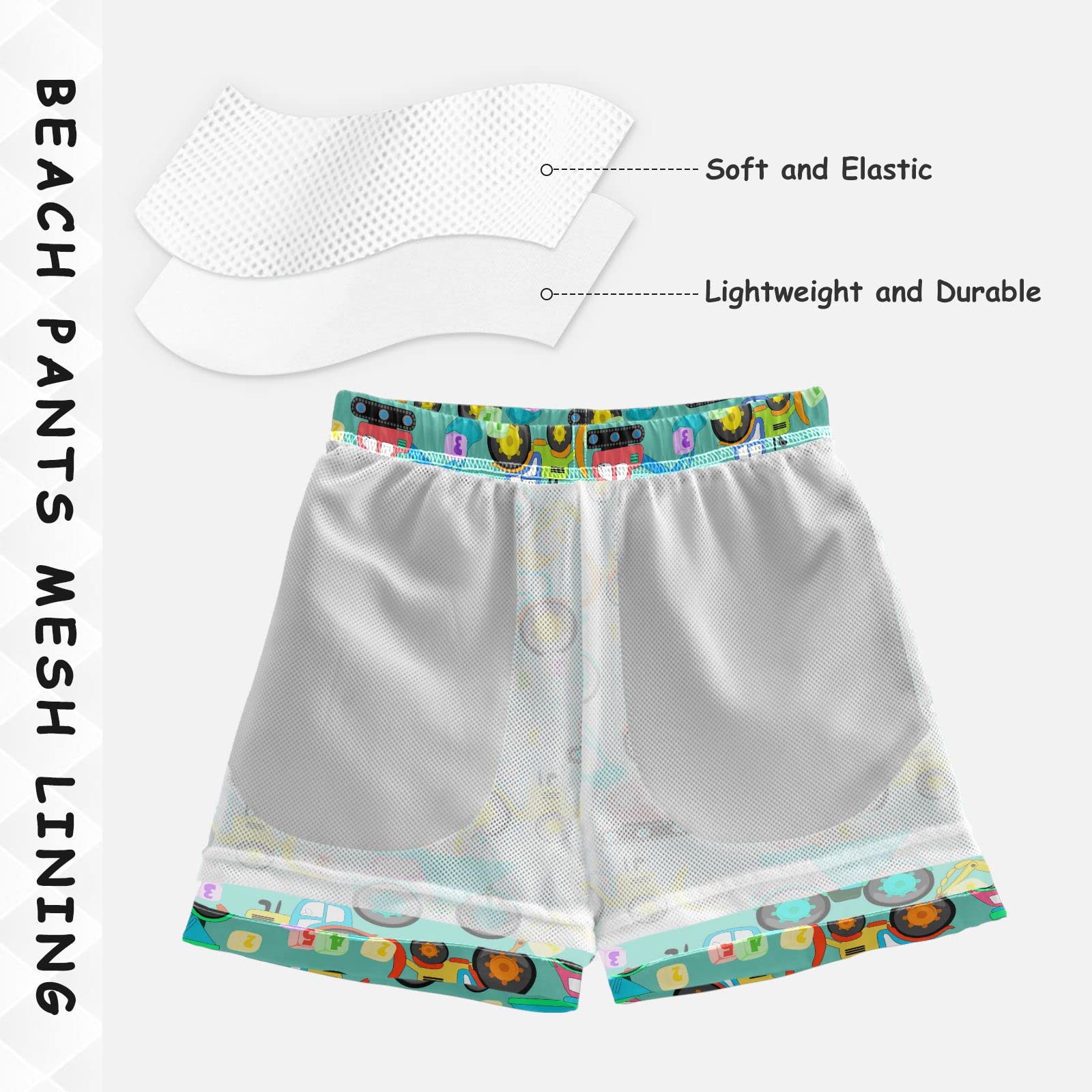 Quick Dry Boys Swim Trunks with Excavator Doodle Print - Comfortable Swimwear for Kids, Teens & Toddlers - Perfect for Pool, Beach & Summer Water Activities