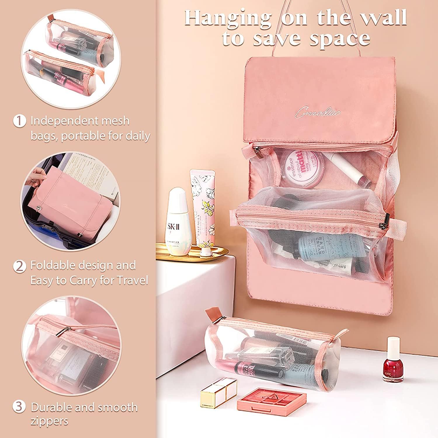 BIRZAR 4-in-1 Folding Travel Toiletry Bag & Makeup Organizer | Waterproof Cosmetic Pouch for Women | Portable Detachable Hanging Case | Perfect for Travel, Gym, and Daily Use
