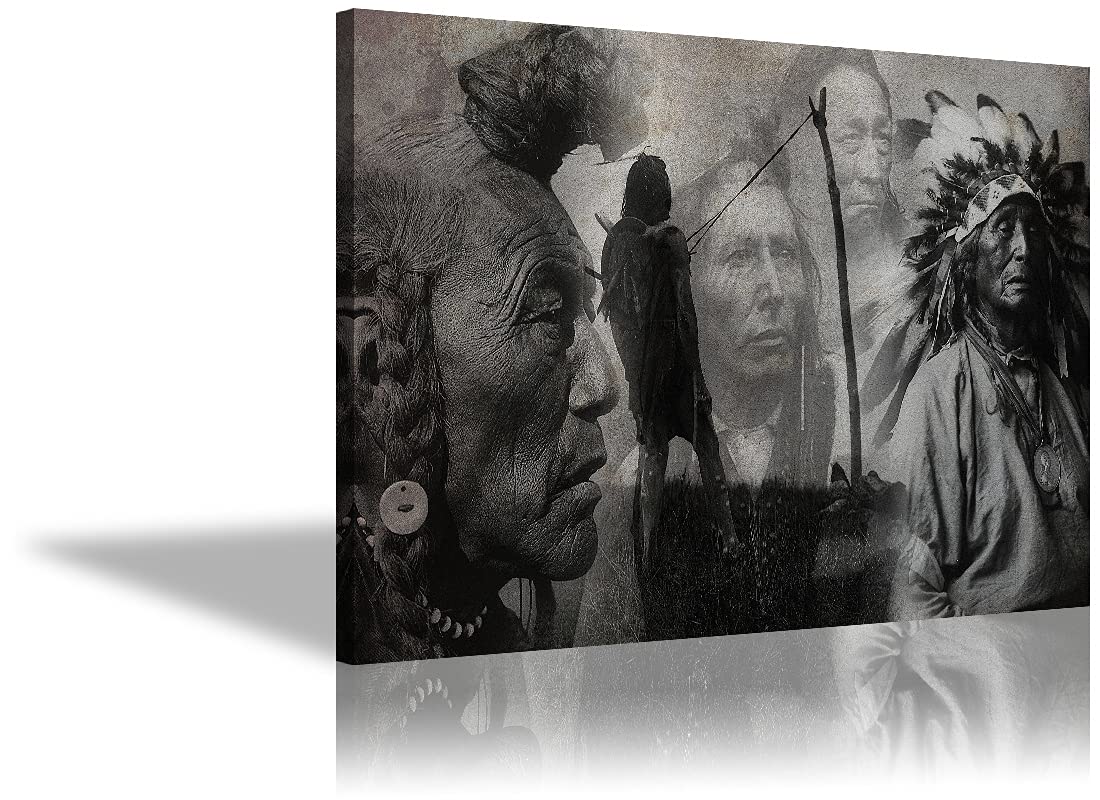 Framed American Indian Wall Art - Black & White Native Indian Feather Canvas Painting - 24x36 Inches - Perfect for Bedroom, Living Room & Office Decor