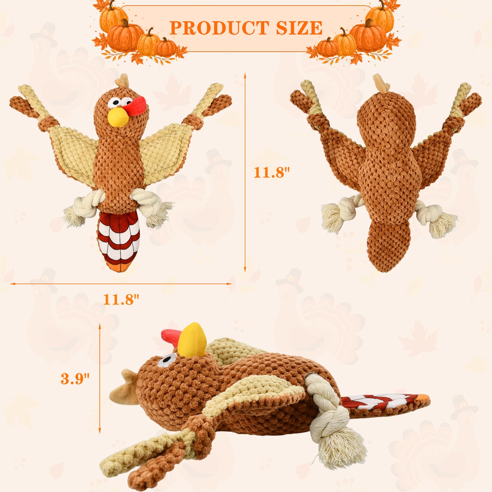 Vehomy Thanksgiving Dog Squeaky Toy - Turkey Shaped Chew Toy for Puppies, Interactive Tug of War & Teething Toy for Small to Medium Dogs - Durable for Aggressive Chewers - Perfect for Holiday Playtime and Training Sessions