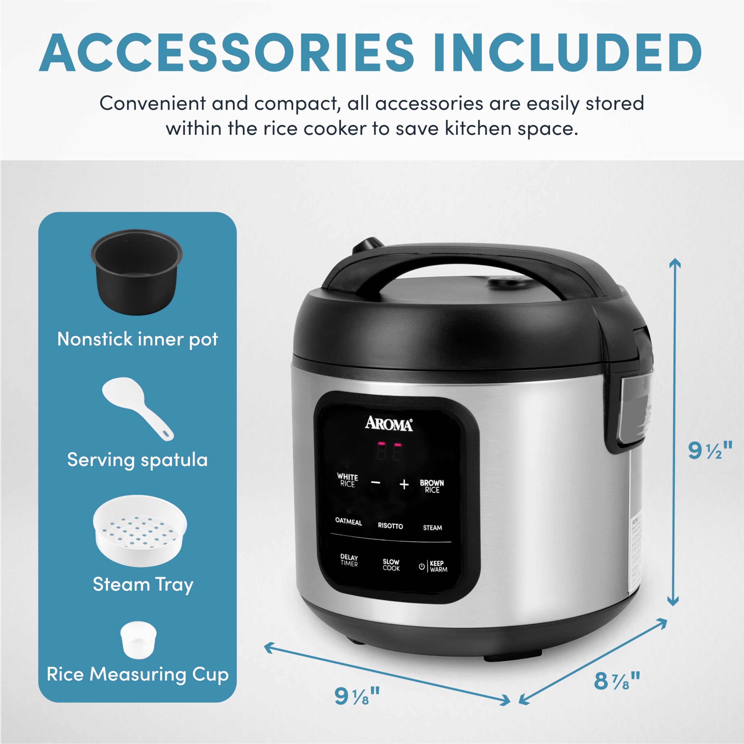 AROMA® 4-Cup Digital Rice Cooker & Food Steamer - 8-Cup Cooked Capacity, Multi-Cooker for Rice, Oatmeal, Slow Cooking | Auto Keep Warm & Stainless Steel Exterior | Perfect for Dorms, Apartments & Small Kitchens