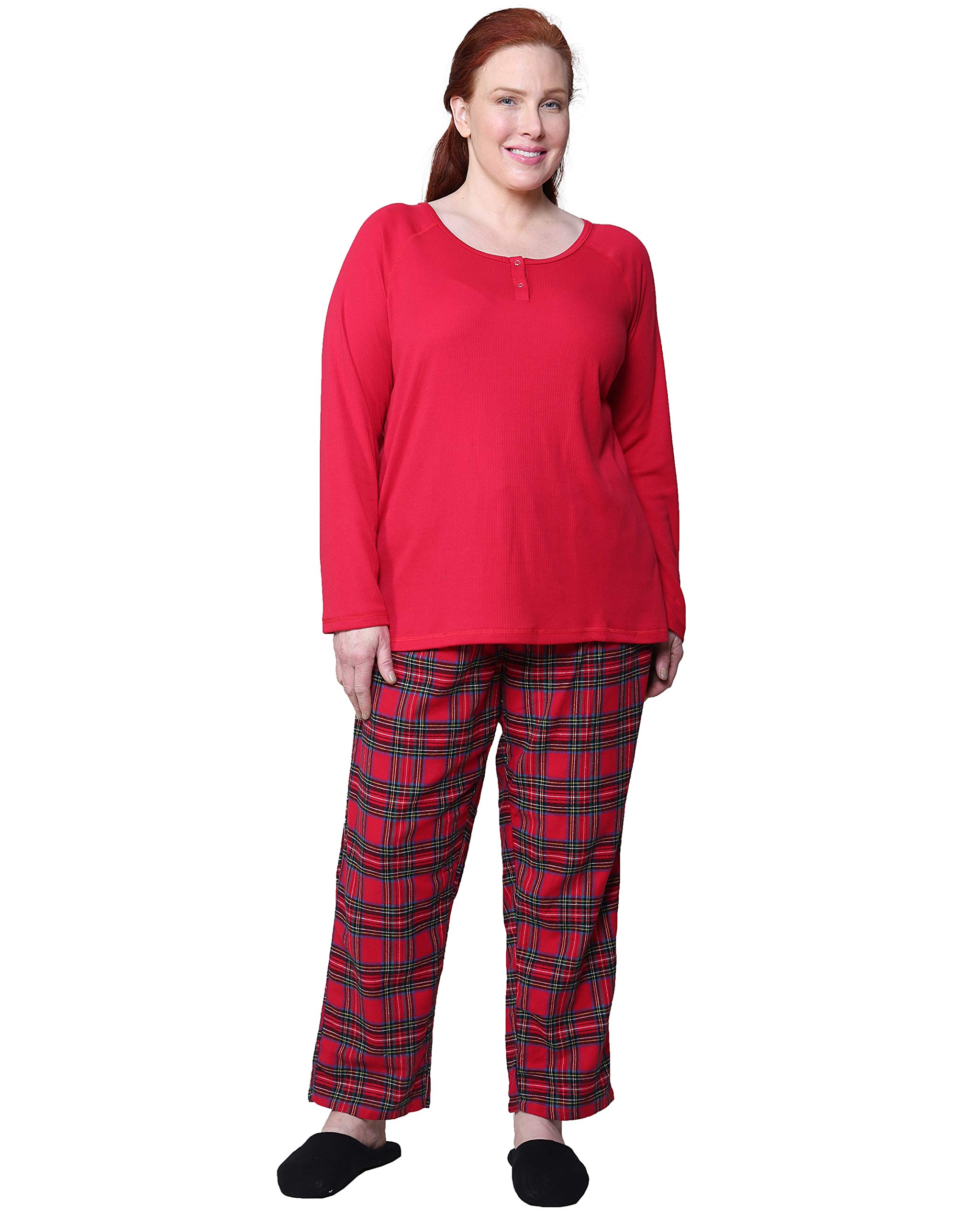 LA CERA Women's Cotton Knit & Flannel Pajama Set - Plus Size Long Sleeve Sleepwear with Solid Knit Top & Plaid Pants | Machine Washable | Cozy Lounge & Sleepwear for Winter Nights