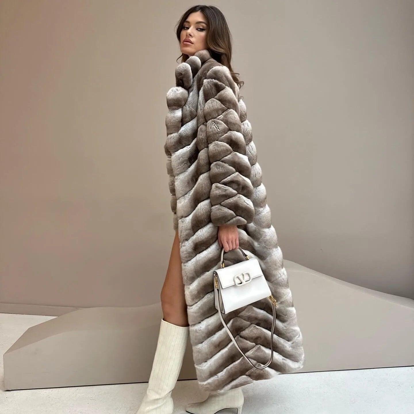 Luxury Women's Long Rex Rabbit Fur Overcoat - Chinchilla Look Winter Coat for Women | Warm Fashion Outerwear for Cold Weather, Parties & Special Occasions